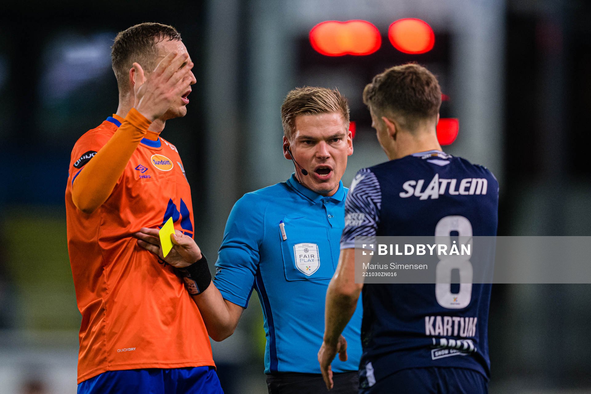 Sander Erik Kartum of Kristiansund after receiving a yellow card by Marius Lien, referee, during the Eliteserien match between Kristiansund and Aalesund on October 30, 2022 in Kristiansund.