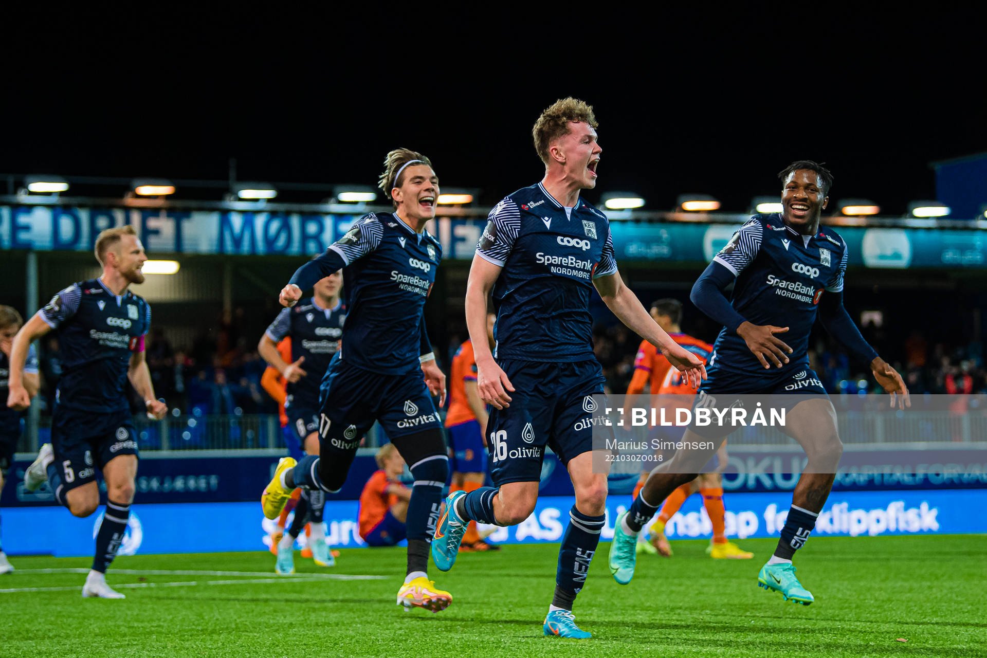 Max Normann Williamsen of Kristiansund celebrates after scoring the 1-0 goal during the Eliteserien match between Kristiansund and Aalesund on October 30, 2022 in Kristiansund.