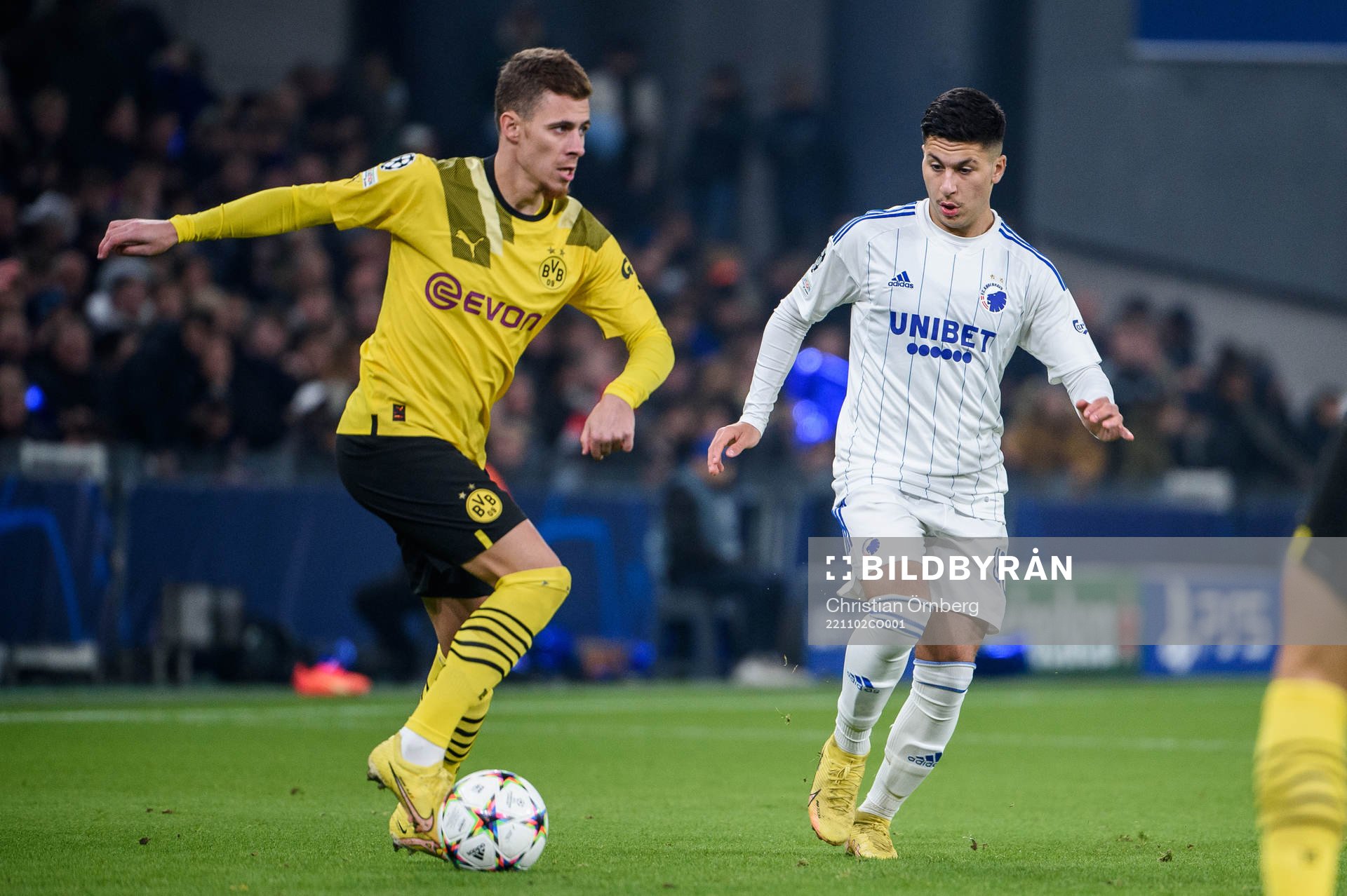 Thorgan Hazard of Dortmund and Roony Bardghji of FC Copenhagen during the UEFA Champions League football match between FC Copenhagen and Dortmund on November 2, 2022 in Copenhagen.