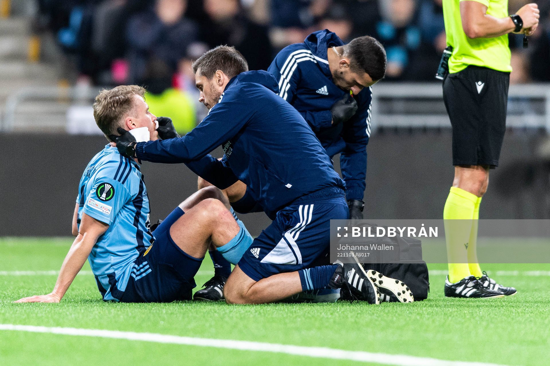 Rasmus Schuller of Djurgården receives medical care