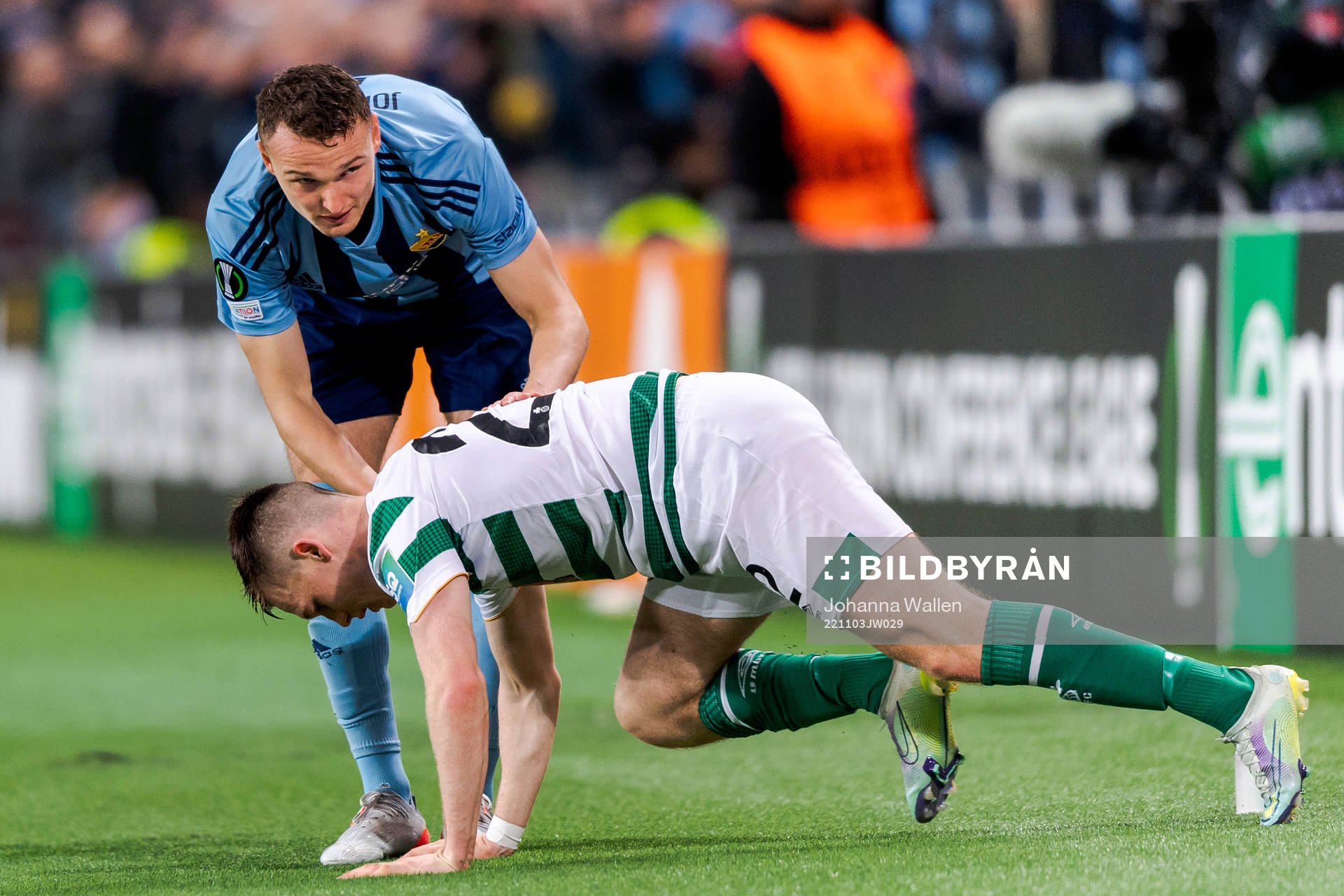 Piotr Johansson of Djurgården and Andrew Lyons of Shamrock Rovers during the UEFA Conference League match between Djurgården and Shamrock Rovers on November 3, 2022 in Stockholm.