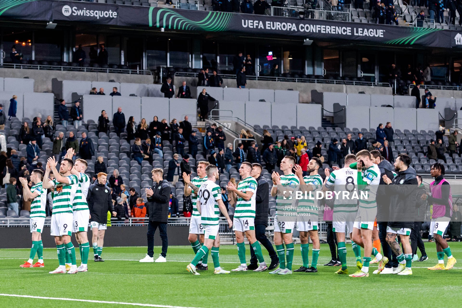 Players of Shamrock Rovers after the UEFA Conference League match between Djurgården and Shamrock Rovers on November 3, 2022 in Stockholm.
