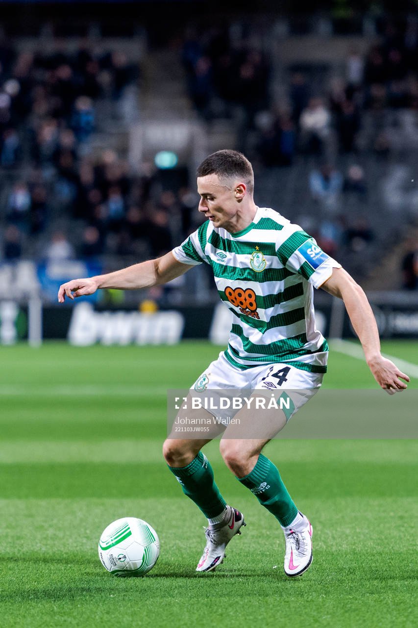 Simon Power of Shamrock Rovers during the UEFA Conference League match between Djurgården and Shamrock Rovers on November 3, 2022 in Stockholm.
