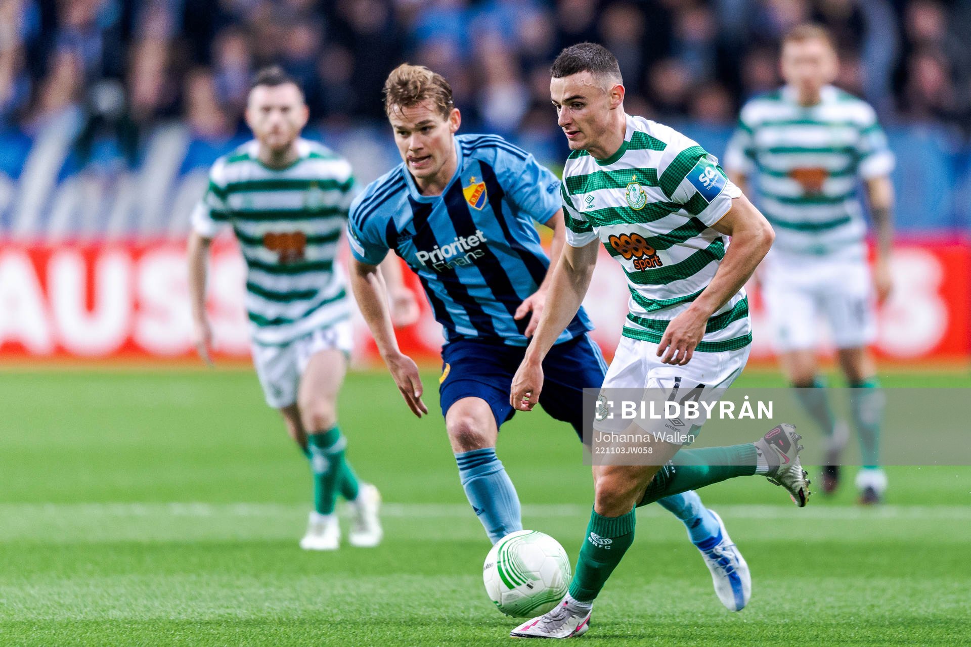Hampus Finndell of Djurgården and Simon Power of Shamrock Rovers during the UEFA Conference League match between Djurgården and Shamrock Rovers on November 3, 2022 in Stockholm.