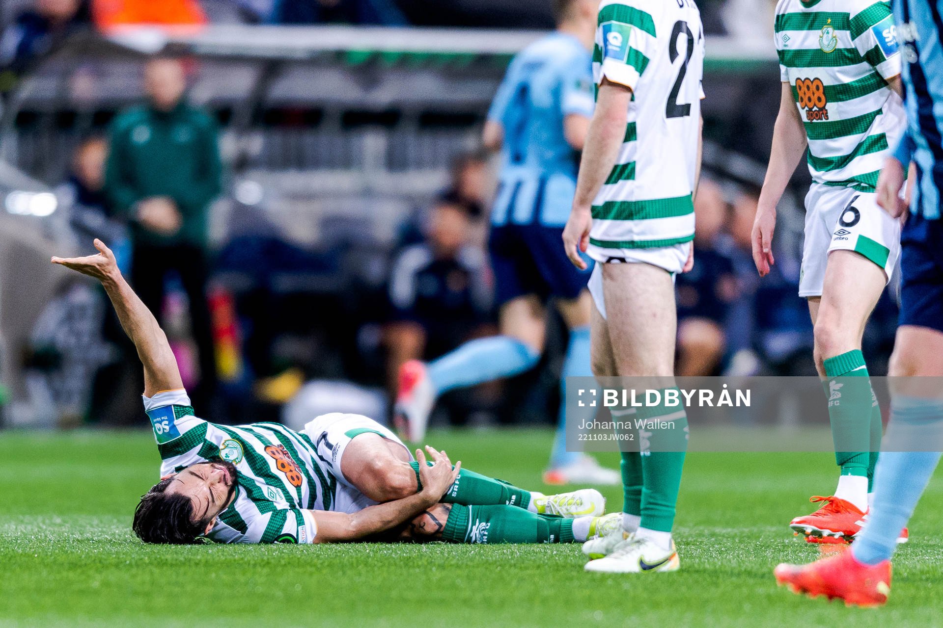 Richie Towell of Shamrock Rovers in pain during the UEFA Conference League match between Djurgården and Shamrock Rovers on November 3, 2022 in Stockholm.