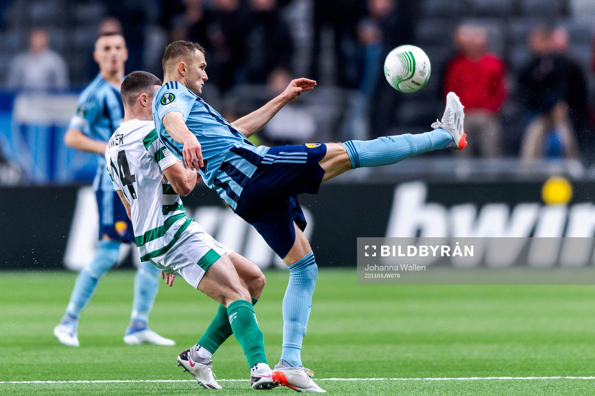 Simon Power of Shamrock Rovers and Piotr Johansson of Djurgården during the UEFA Conference League match between Djurgården and Shamrock Rovers on November 3, 2022 in Stockholm.