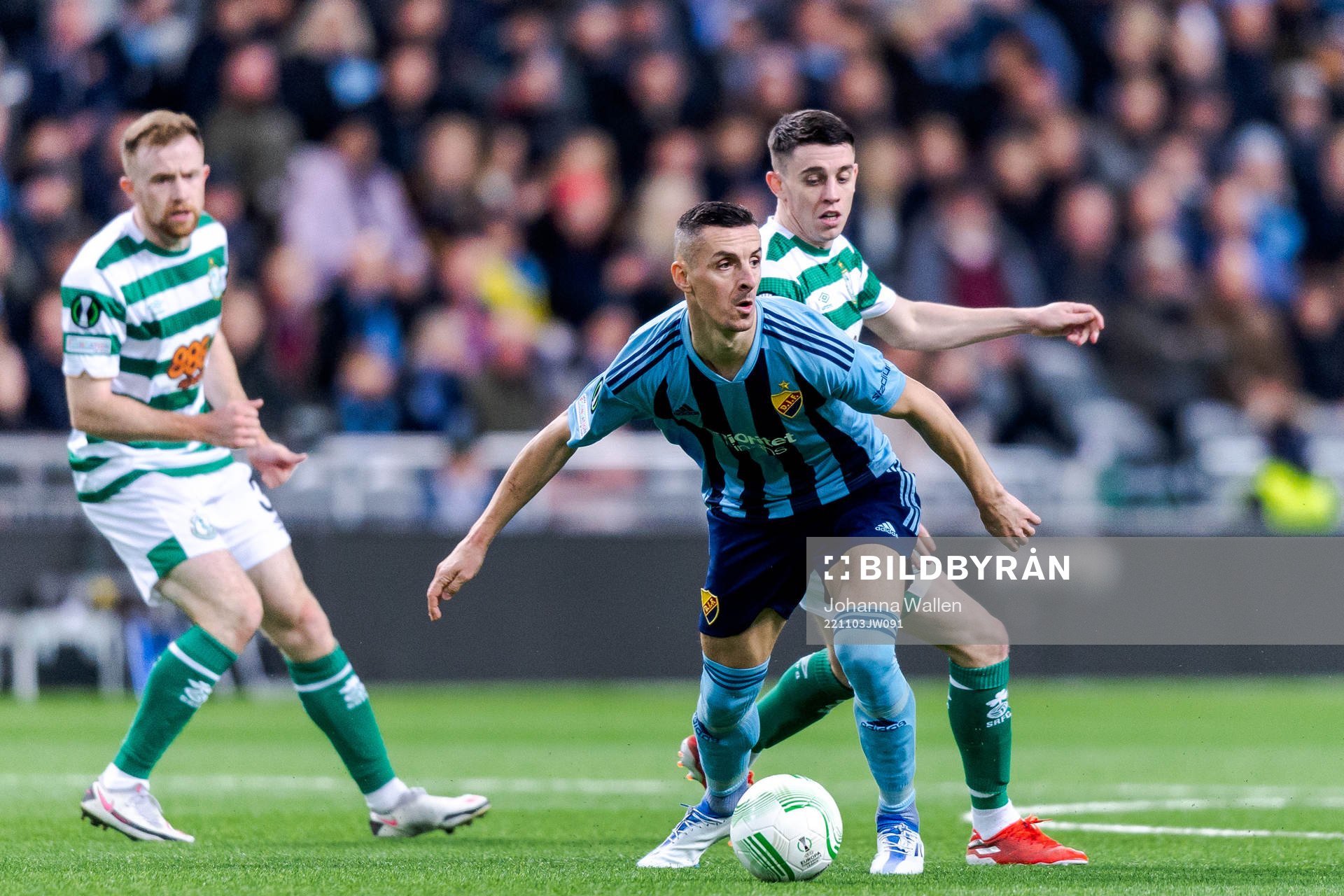 Haris Radetinac of Djurgården and Gary O Neill of Shamrock Rovers during the UEFA Conference League match between Djurgården and Shamrock Rovers on November 3, 2022 in Stockholm.