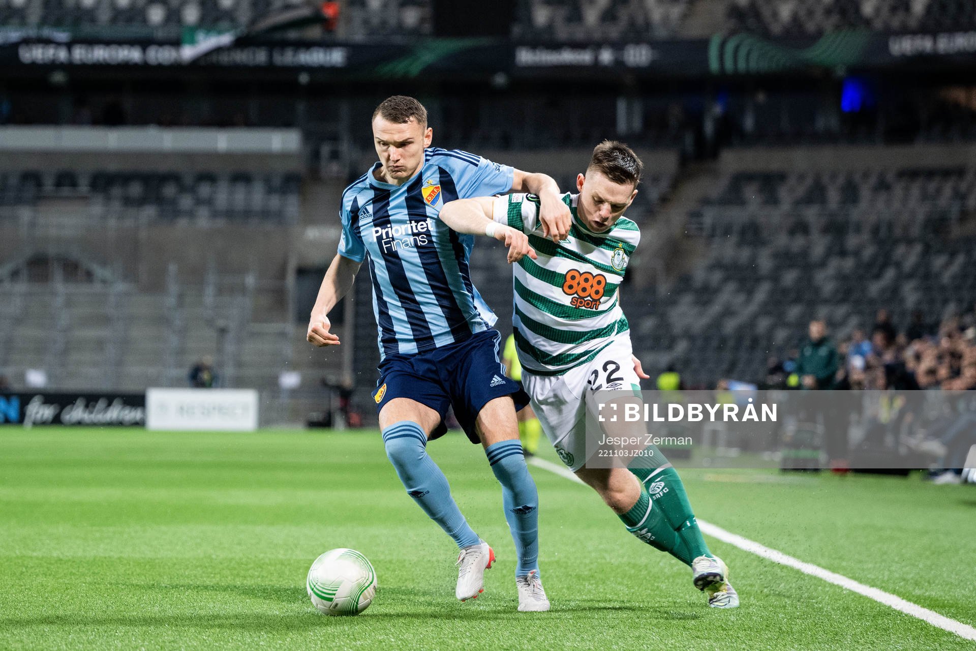 Piotr Johansson of Djurgården and Andrew Lyons of Shamrock Rovers during the UEFA Conference League match between Djurgården and Shamrock Rovers on November 3, 2022 in Stockholm.