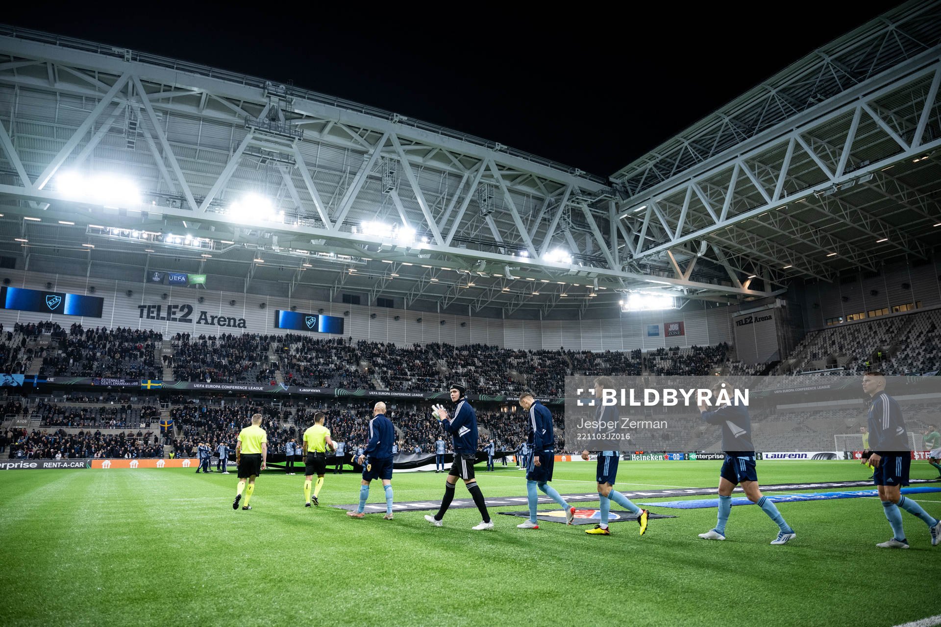 Players of Djurgården ahead of the UEFA Conference League match between Djurgården and Shamrock Rovers on November 3, 2022 in Stockholm.
