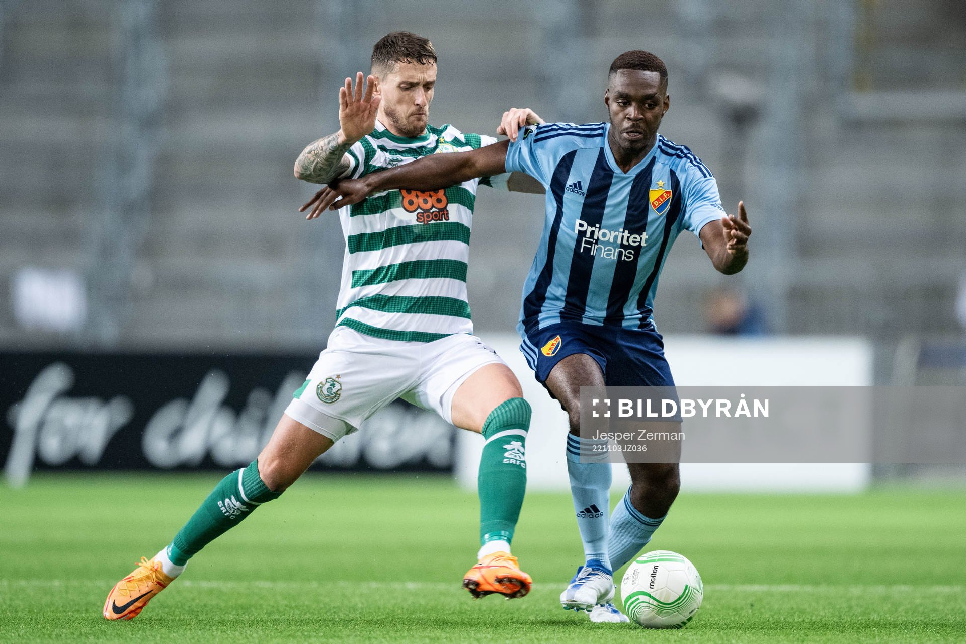 Lee Grace of Shamrock Rovers and Joel Asoro of Djurgården