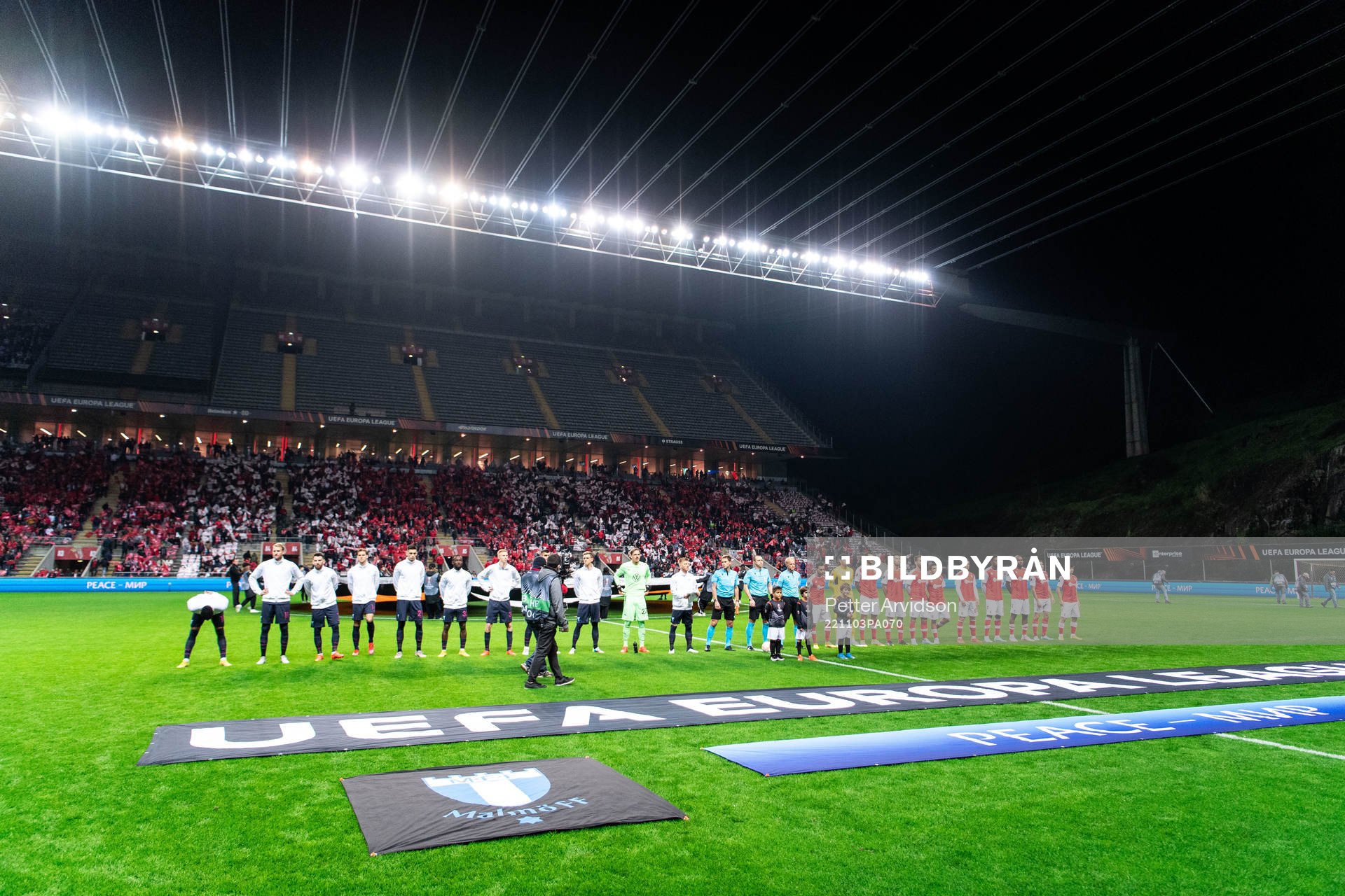 The players of of Malmö FF and of Braga line up ahead of the UEFA Europa League between Braga and Malmö FF on November 3, 2022 in Braga.