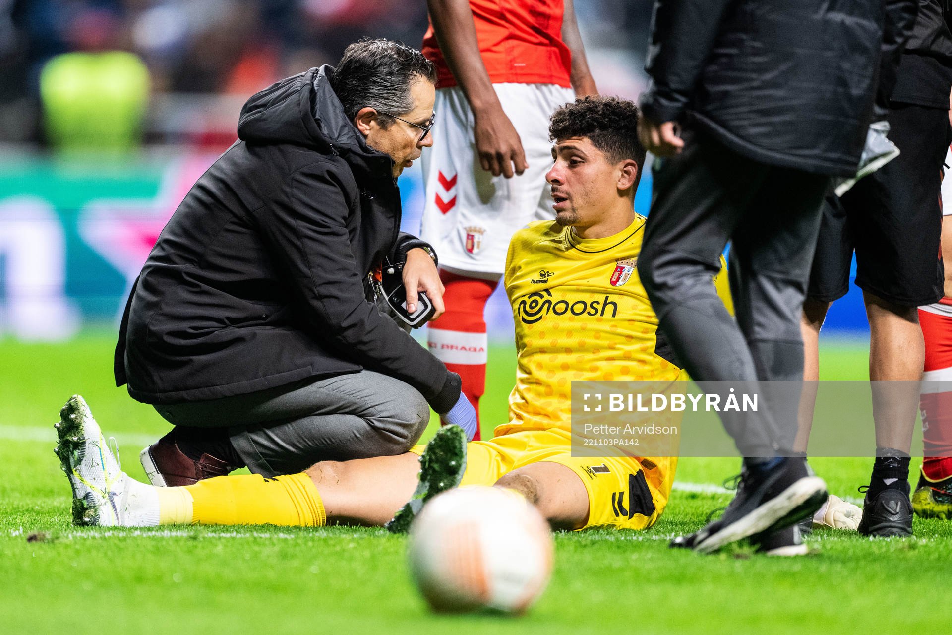 Goalkeeper Matheus of Braga receives medical attention during the UEFA Europa League between Braga and Malmö FF on November 3, 2022 in Braga.
