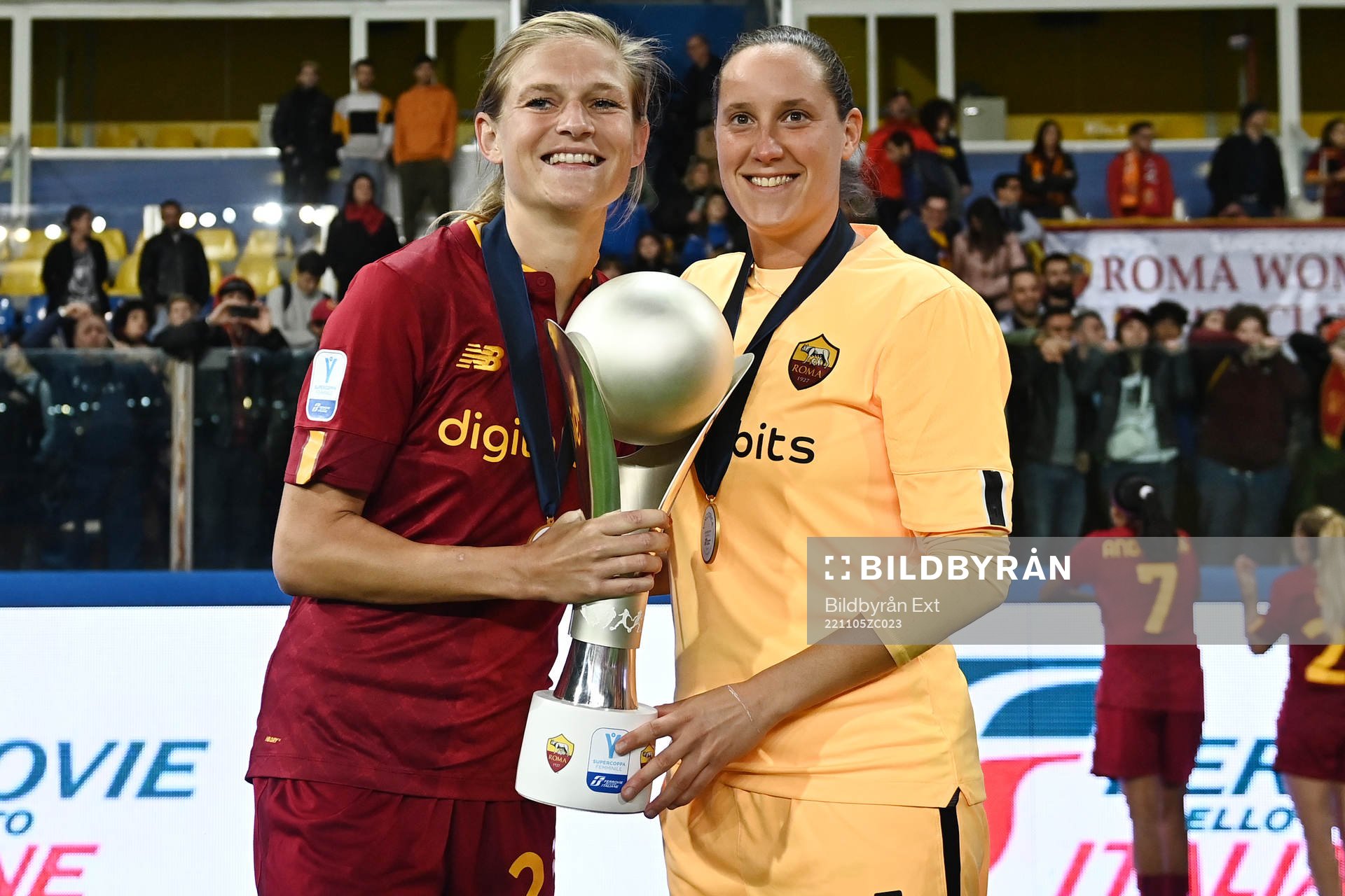 Carina Wenninger and Emma Lind of Roma celebrate after the Super cup match between Juventus and Roma on November 5, 2022 in Parma. 
