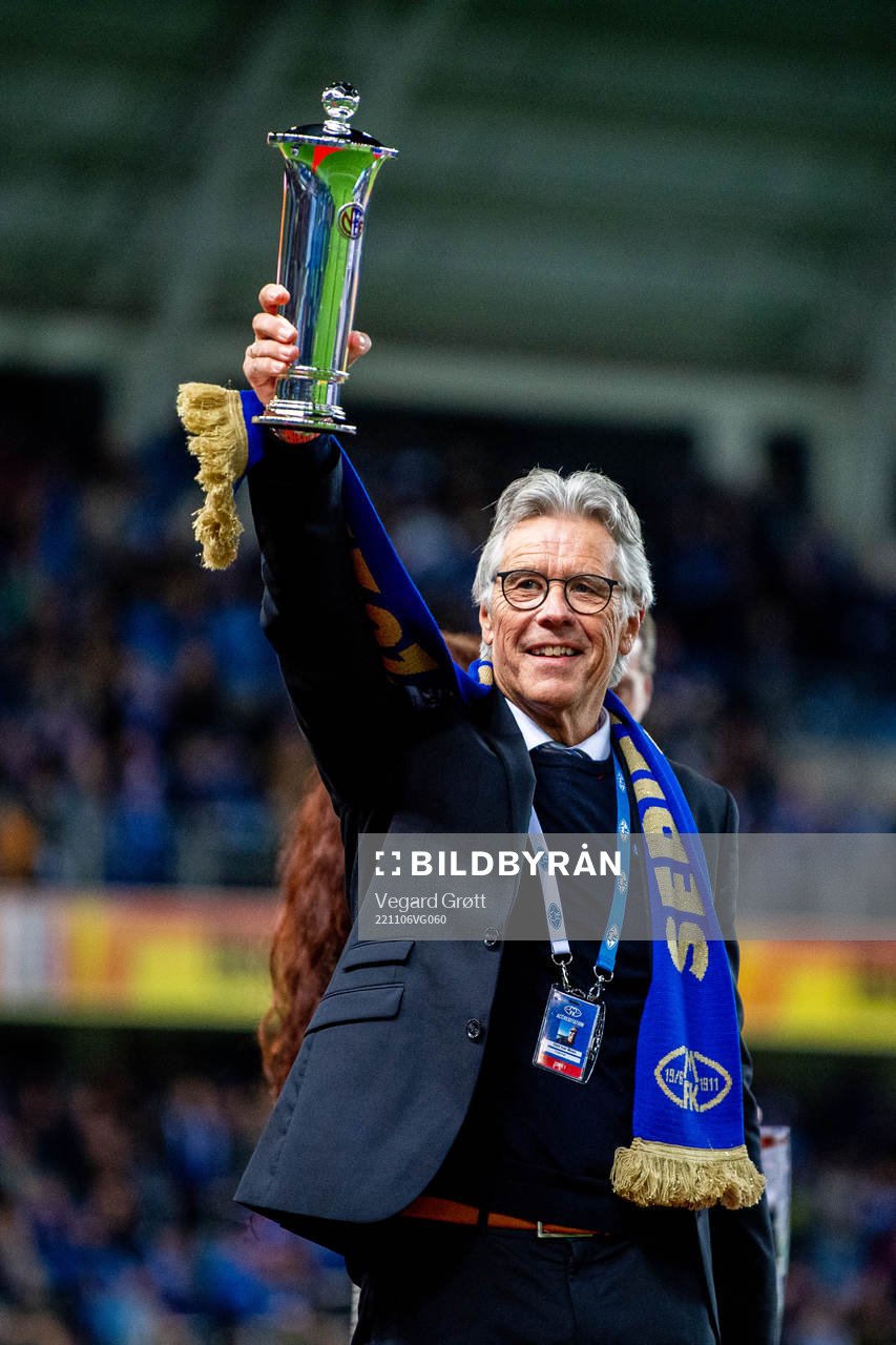 Odd Ivar Moen, chairman of Molde, celebrates winning the