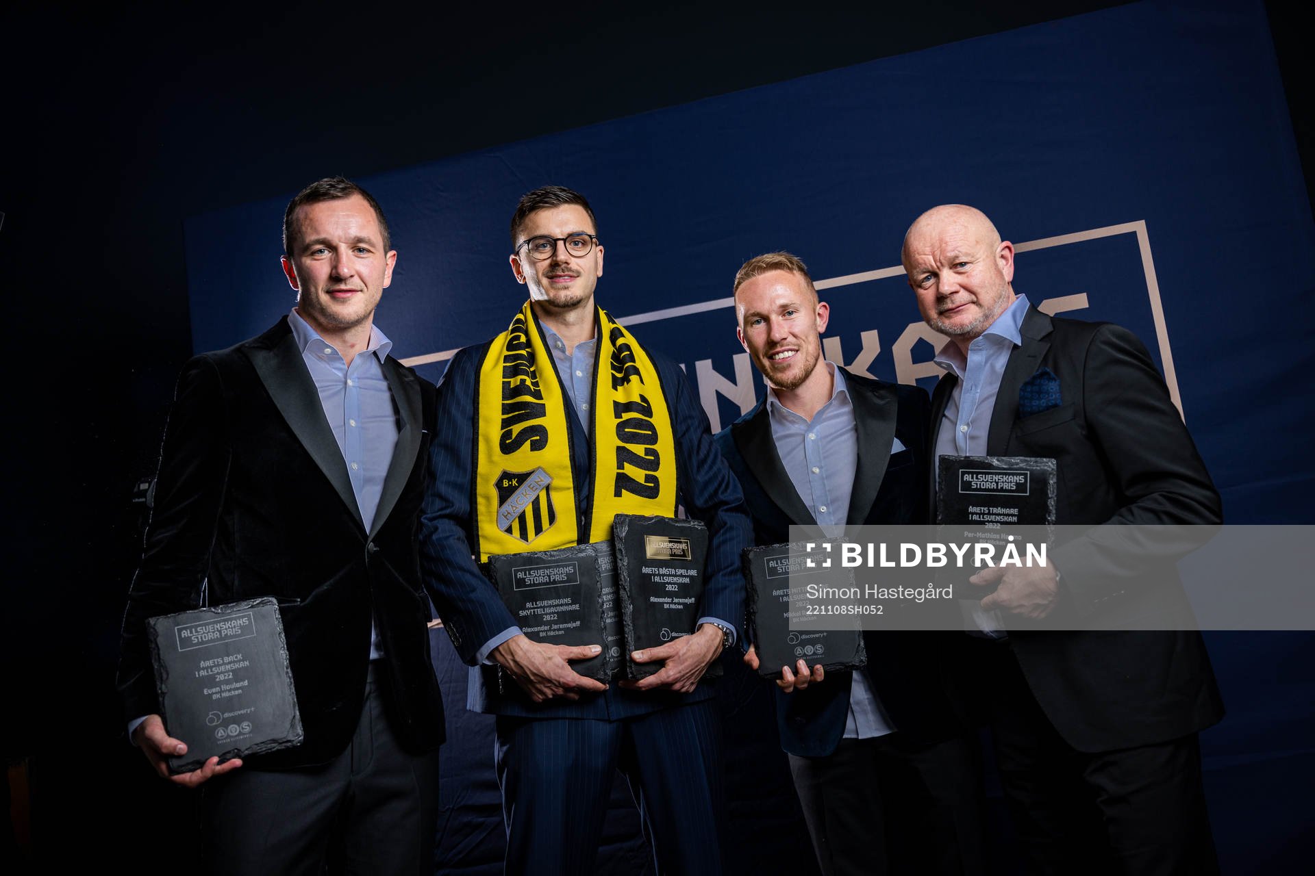Häckens Even Hovland, Årets back, Alexander Jeremejeff, Årets bästa spelare, Årets forward, Årets skyttekung, Mikkel Rygaard Jensen, Årets mittfältare och tränare Per-Mathias Høgmo, Årets tränare under Allsvenskans Stora Pris den 8 november 2022 i Stockholm.