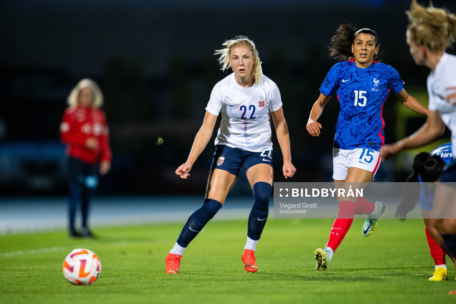 Sophie Roman Haug of Norway and Kenza Dali of France during the international friendly football match between France and Norway on November 11, 2022 in La Nucia.