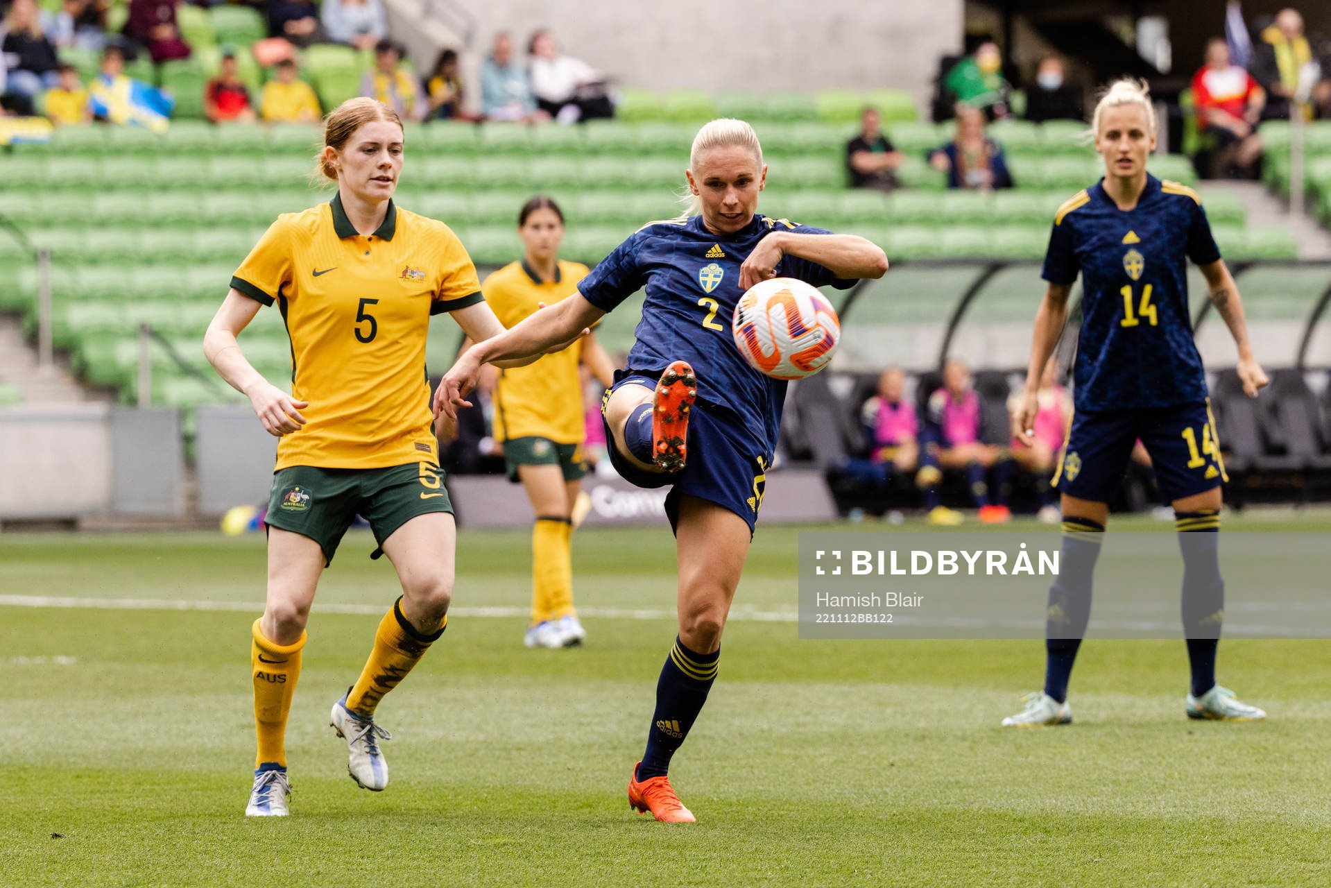 Cortnee Vine of Australia and Jonna Andersson of Sweden during the women's international friendly football match between Australia and Sweden on November 12, 2022 in Melbourne.