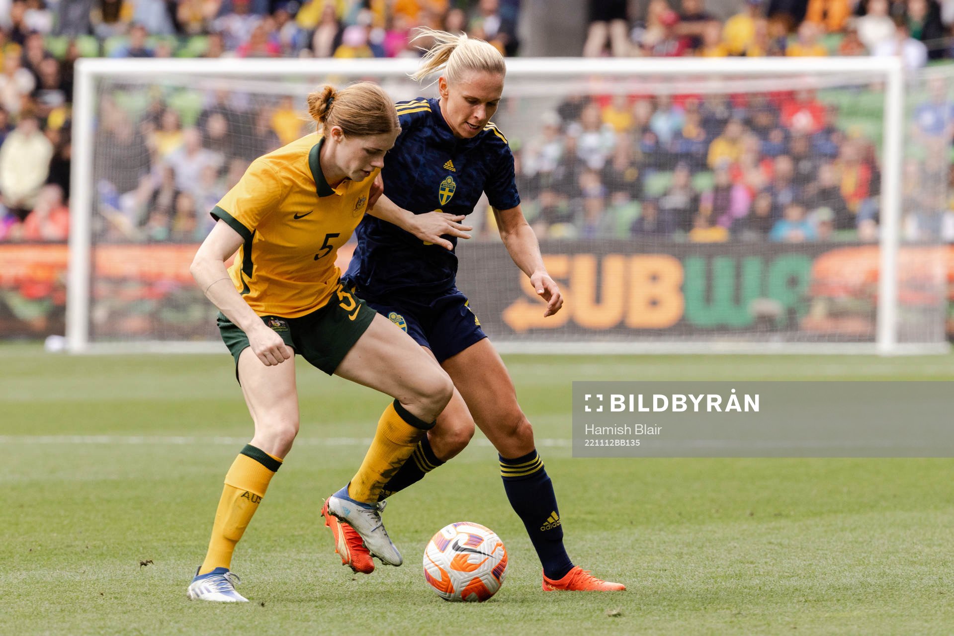 Cortnee Vine of Australia and Jonna Andersson of Sweden during the women's international friendly football match between Australia and Sweden on November 12, 2022 in Melbourne.