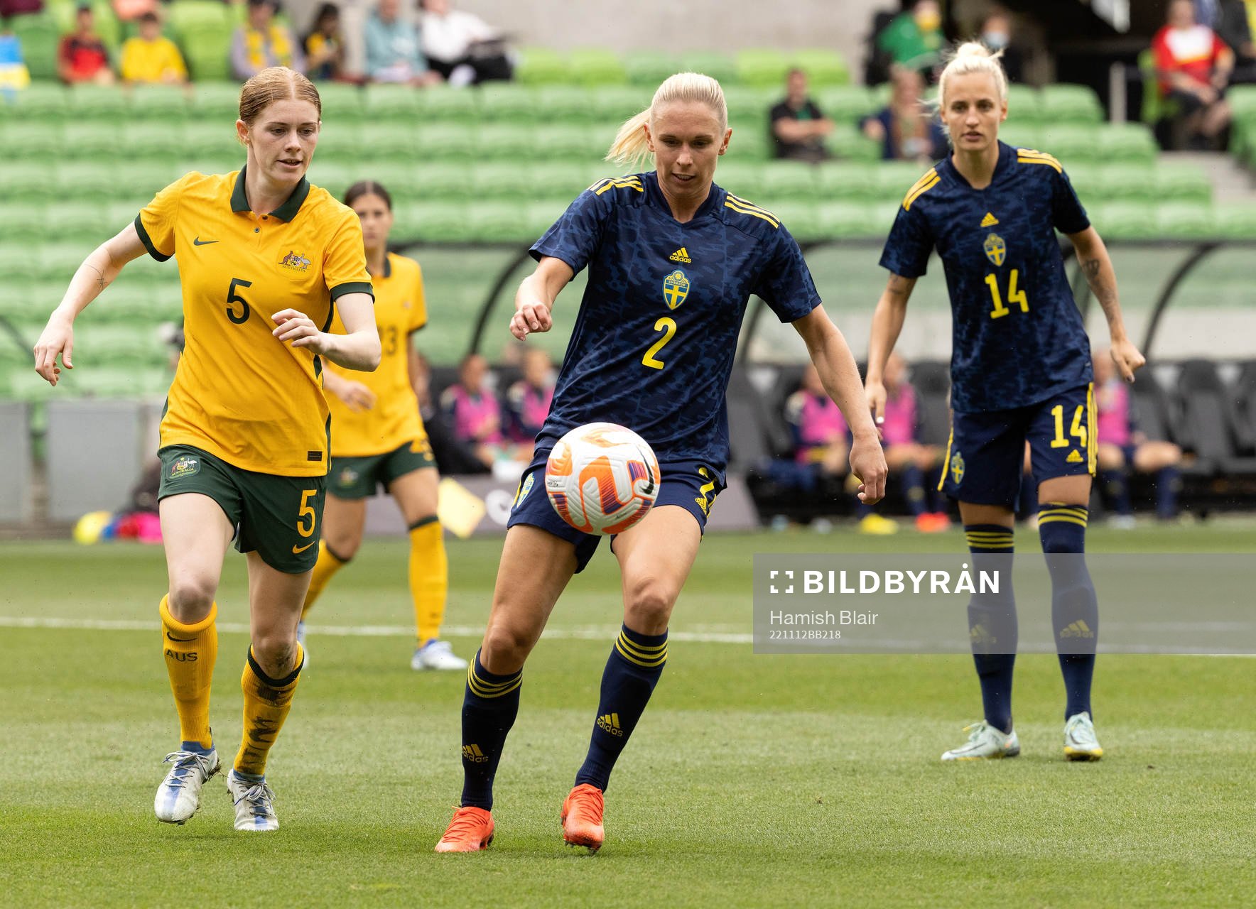 Jonna Andersson of Sweden under pressure from Cortnee Vine of the Australian women's national football team during the women's international friendly football match between Australia and Sweden on November 12, 2022 in Melbourne.