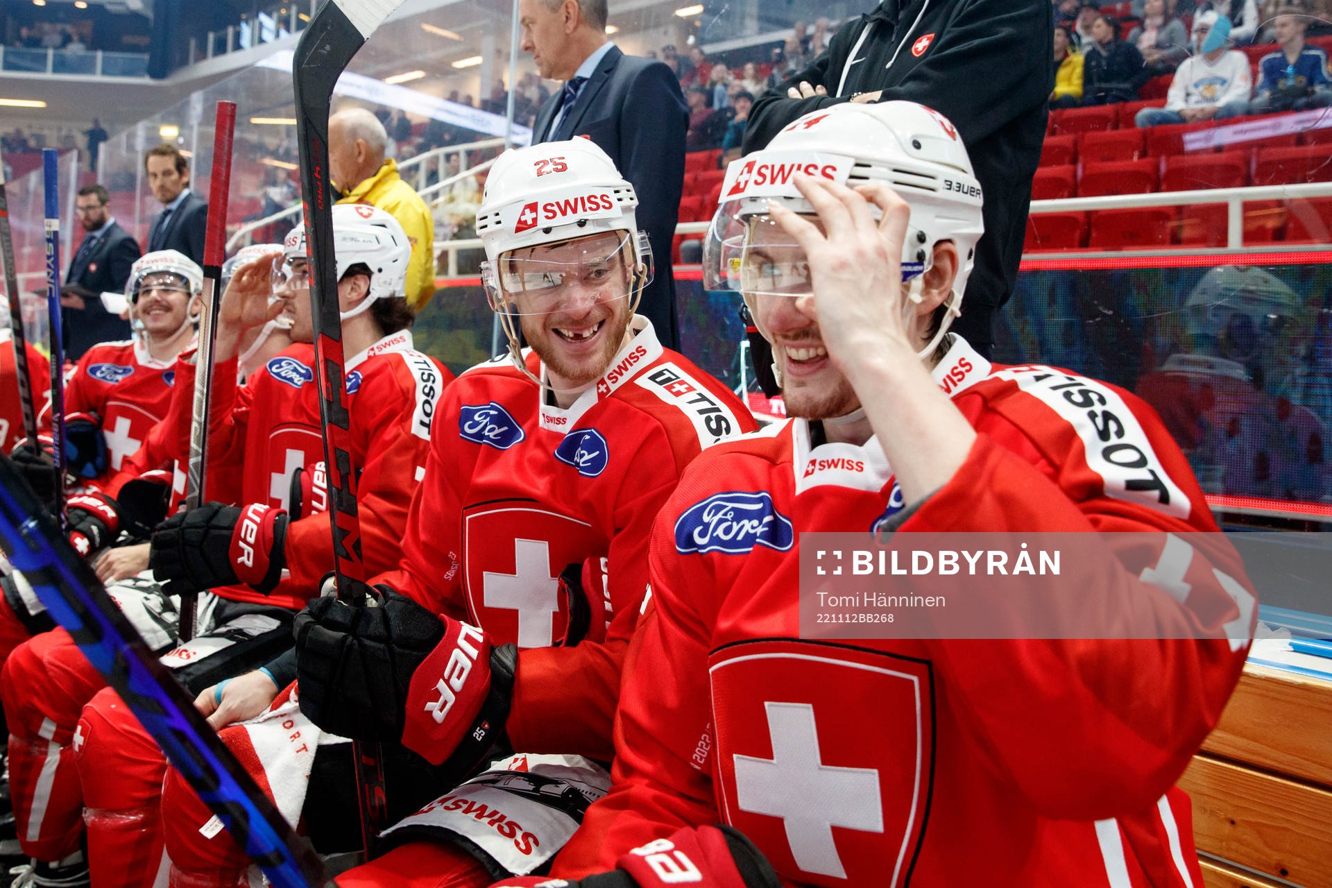 Mirco Müller and Dean Kukan of Switzerland