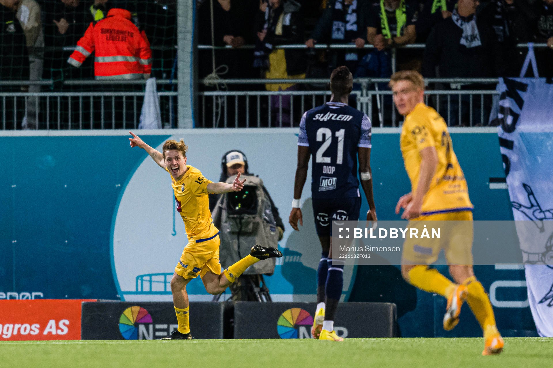 Mikael Birk Giæver Ugland of Jerv celebrates after scoring the 0-1 goal during the Eliteserien match between Kristiansund and Jerv on November 13, 2022 in Kristiansund.