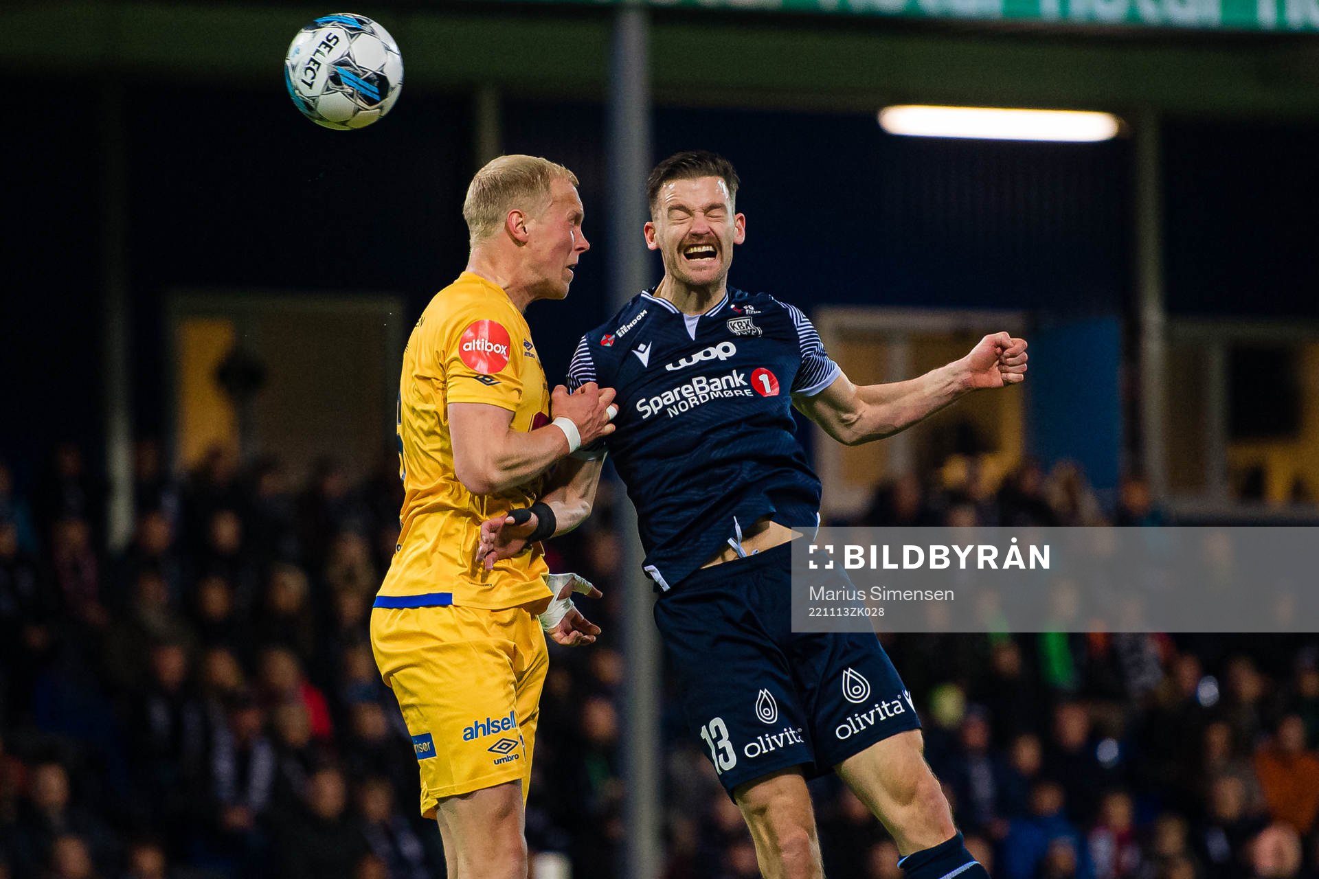 John Olav Norheim of Jerv and Bendik Bye of Kristiansund during the Eliteserien match between Kristiansund and Jerv on November 13, 2022 in Kristiansund.