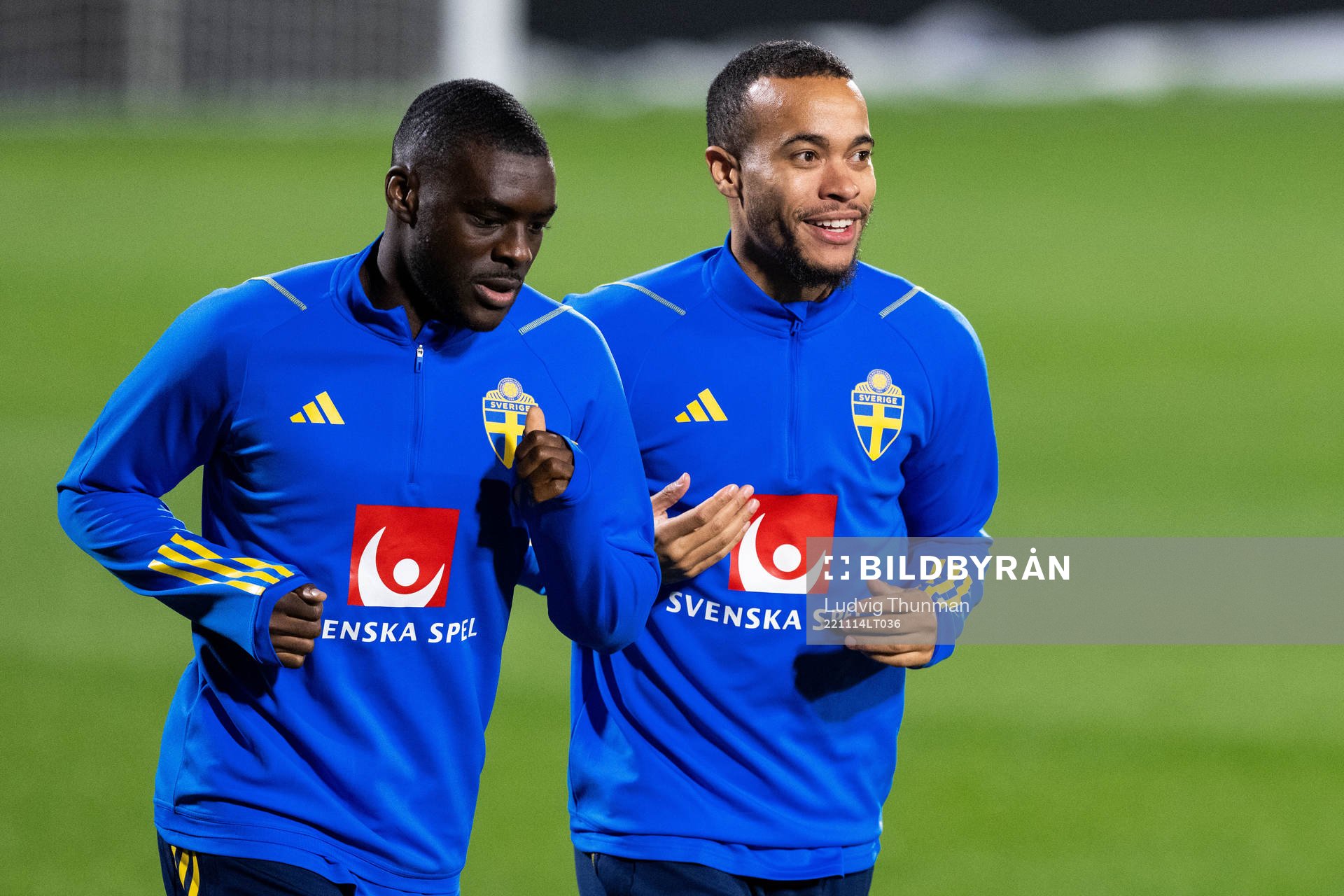 Ken Sema and Robin Quaison of the Swedish national football team during a training session on November 14, 2022 in Girona. 
