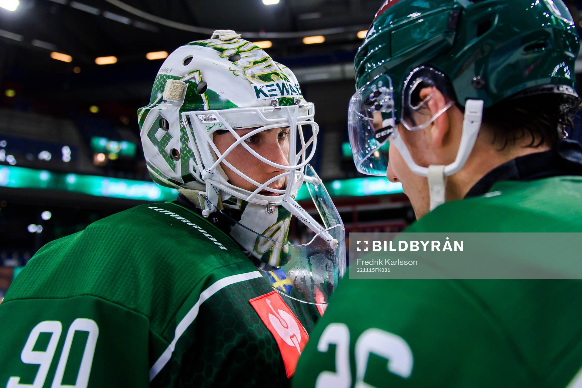 goaltender Matthew Tomkins  and Joel Nyström of Färjestad