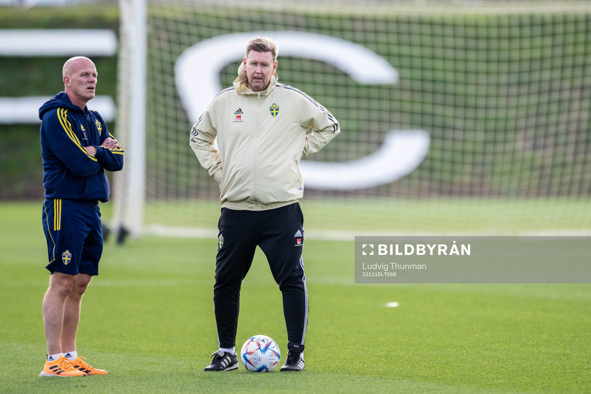 Jens T. Andersson, head of national team and assistant coach Peter Wettergren of the Swedish national football team during a training session on November 15, 2022 in Girona.