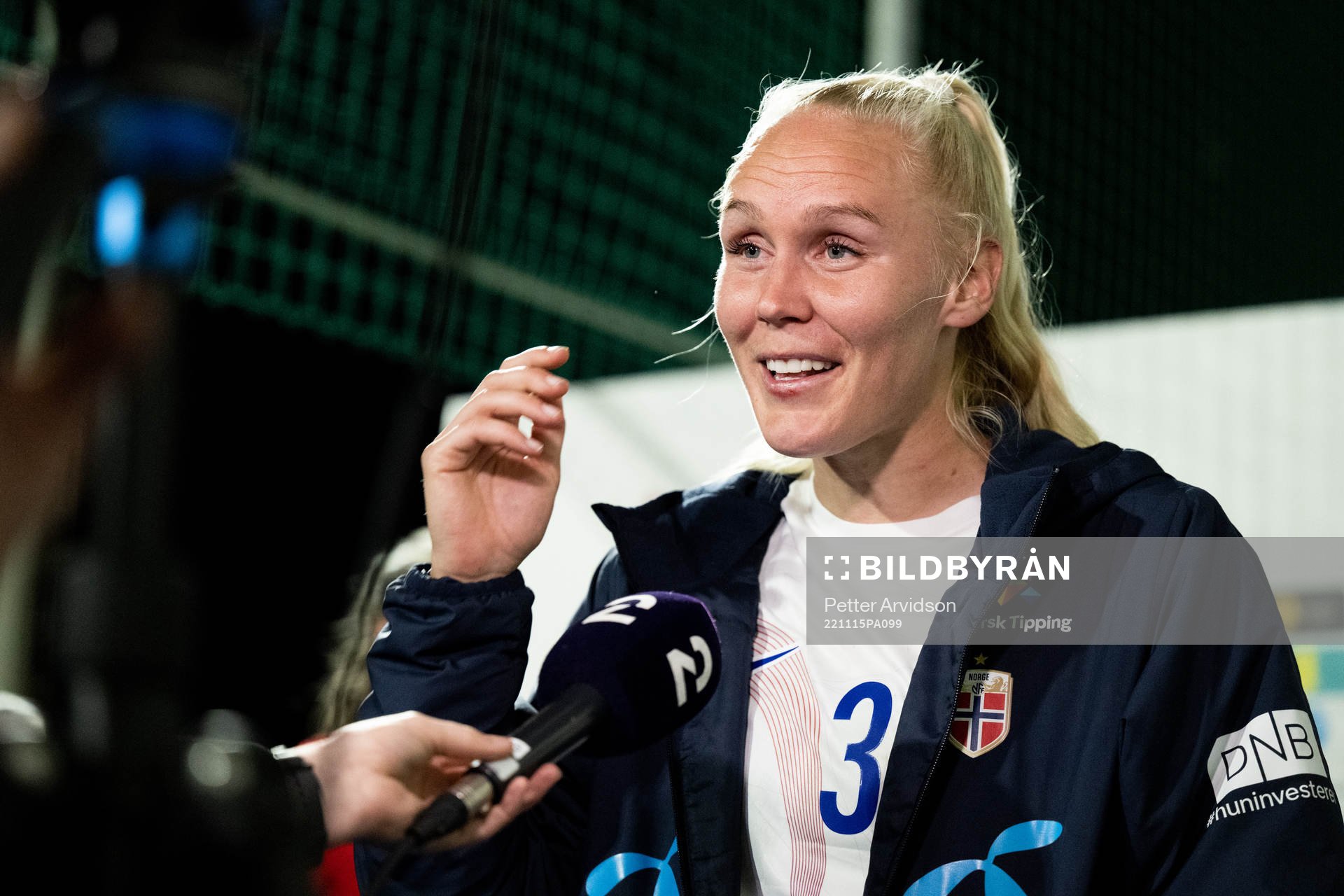 Maria Thorisdottir of Norway is interviewed by the media during a mixed zone after the international friendly football match between England and Norway on November 15, 2022 in San Pedro del Pinatar.