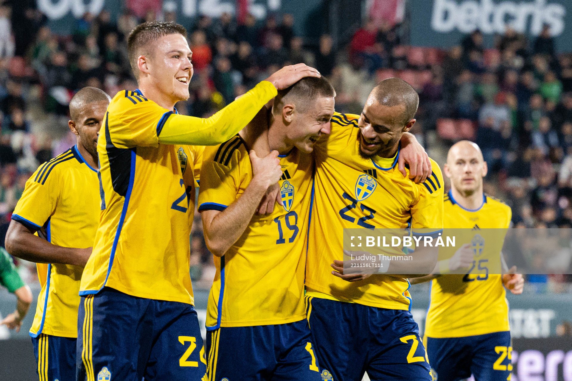 Emil Holm , Mattias Svanberg and Robin Quaison of Sweden