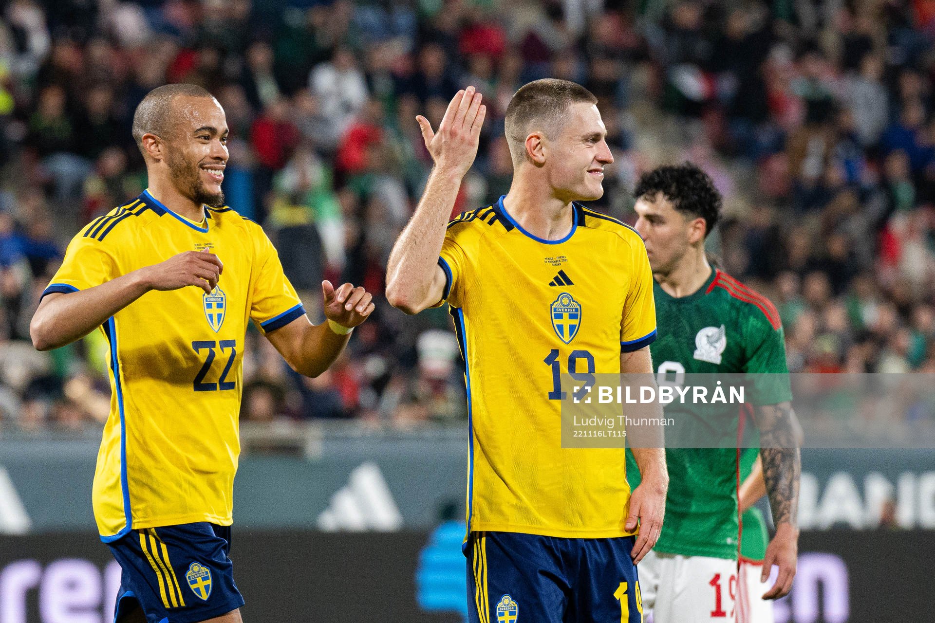 Robin Quaison and Mattias Svanberg of Sweden celebrate the