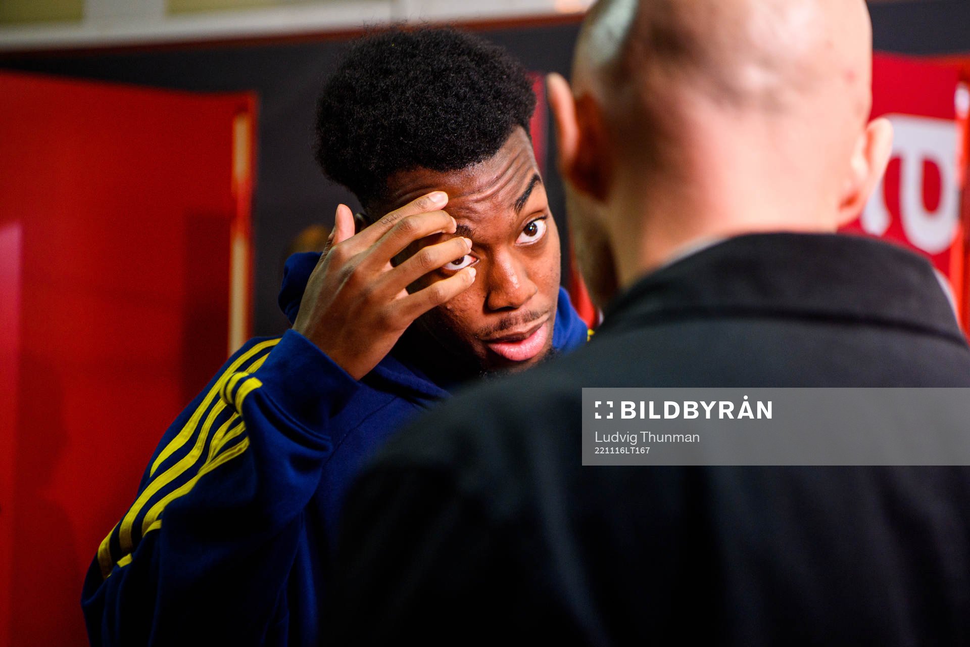 Anthony Elanga of Sweden is interviewed by the media