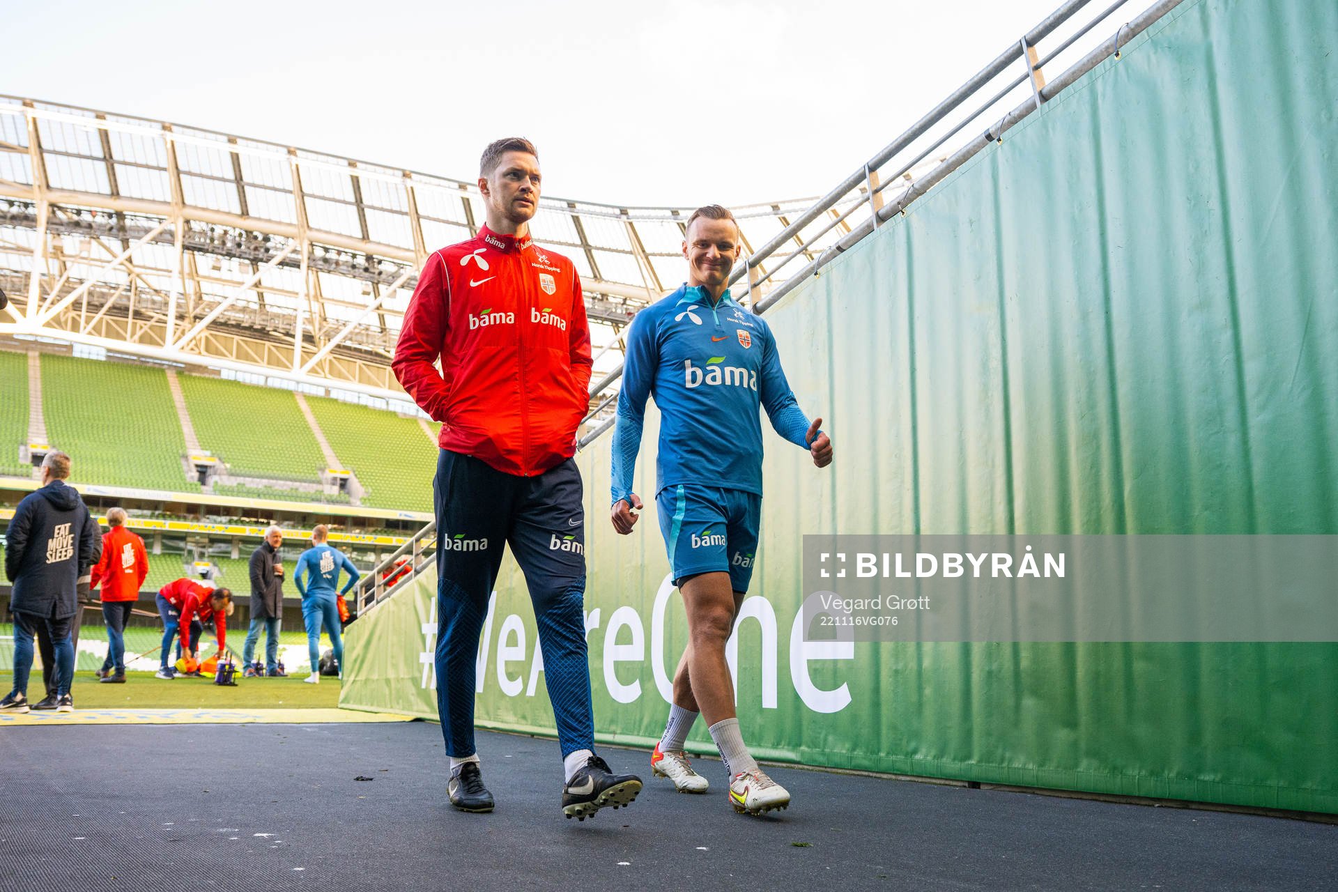 Pål Fjelde, tactical statistician, and Marius Lode of the Norwegian national football team after a training session on November 16, 2022 in Dublin. 