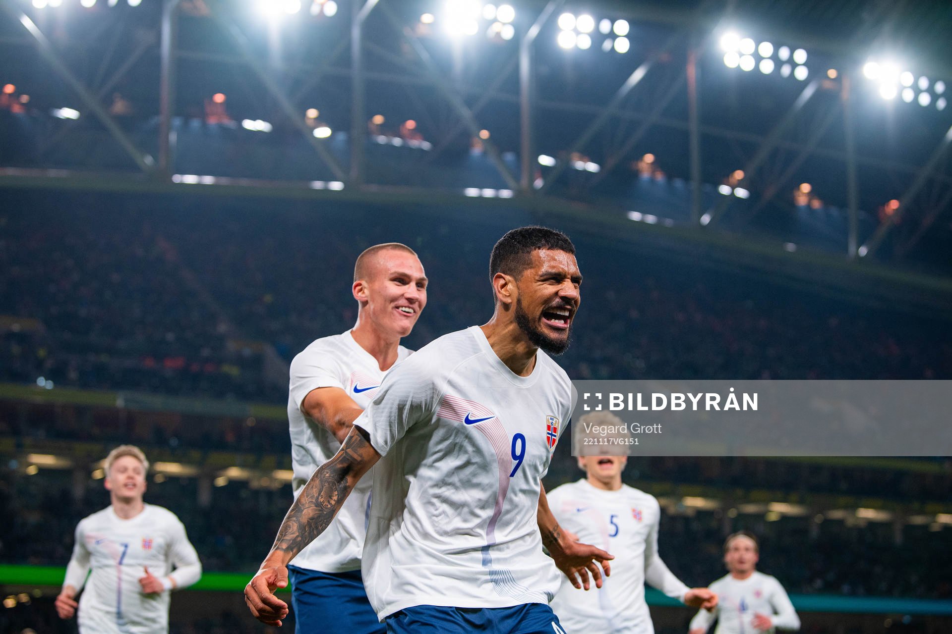 Ohi Omoijuanfo of Norway celebrates with teammate Leo Skiri