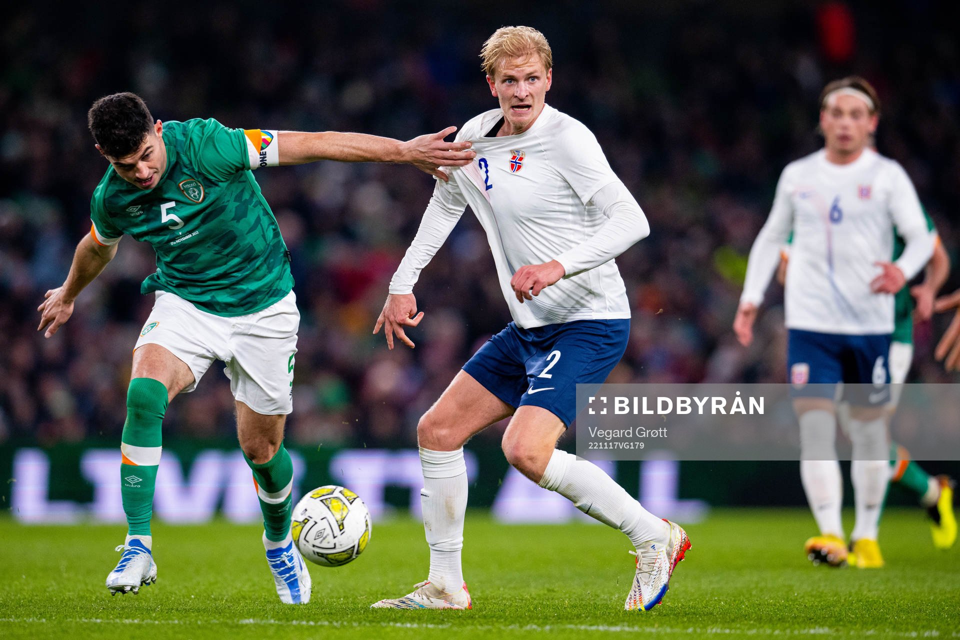 John Egan of Ireland and Morten Thorsby of Norway during the international friendly football match between Republic of Ireland and Norway on November 17, 2022 in Dublin.