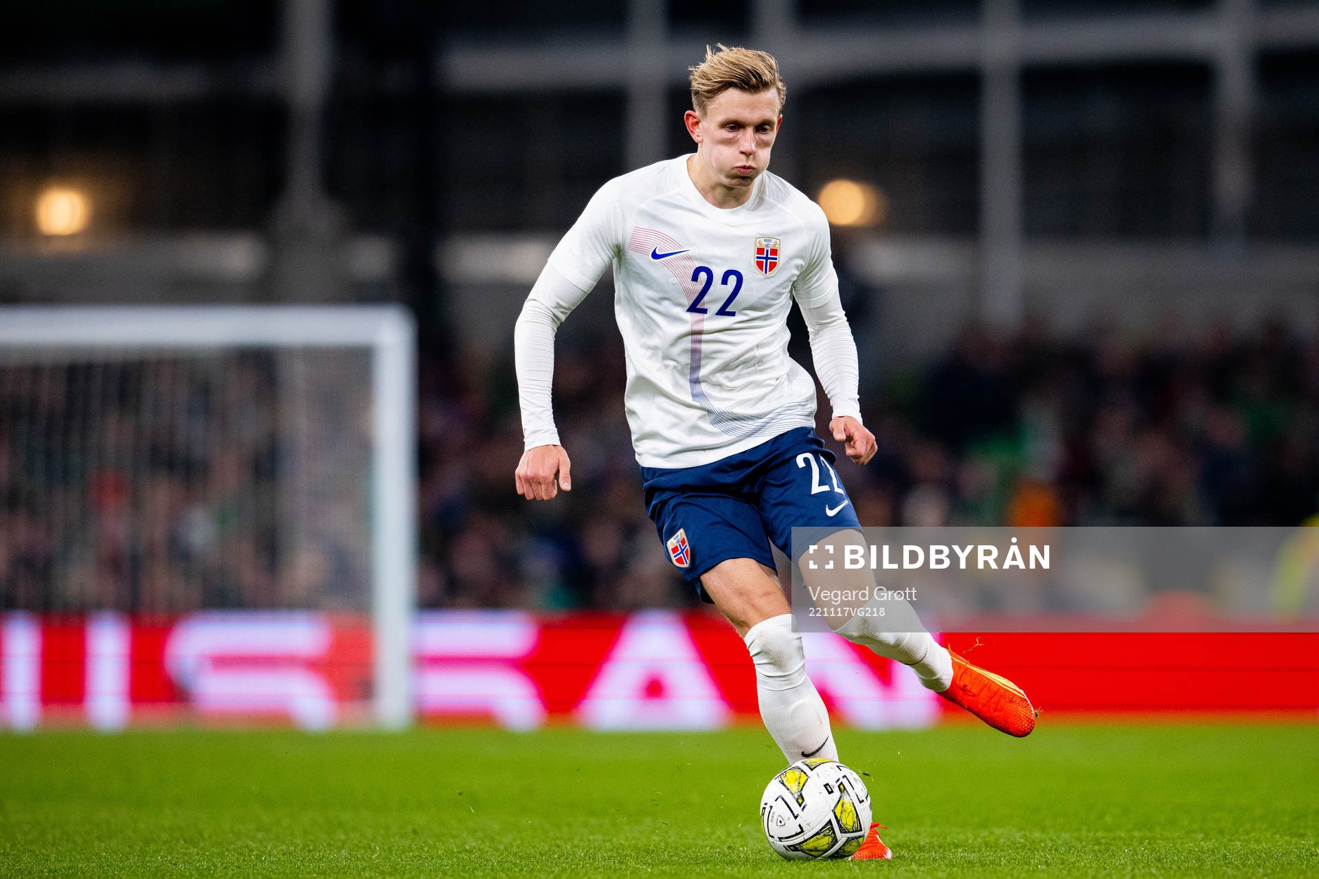 Marcus Holmgren Pedersen of Norway during the international friendly football match between Republic of Ireland and Norway on November 17, 2022 in Dublin.