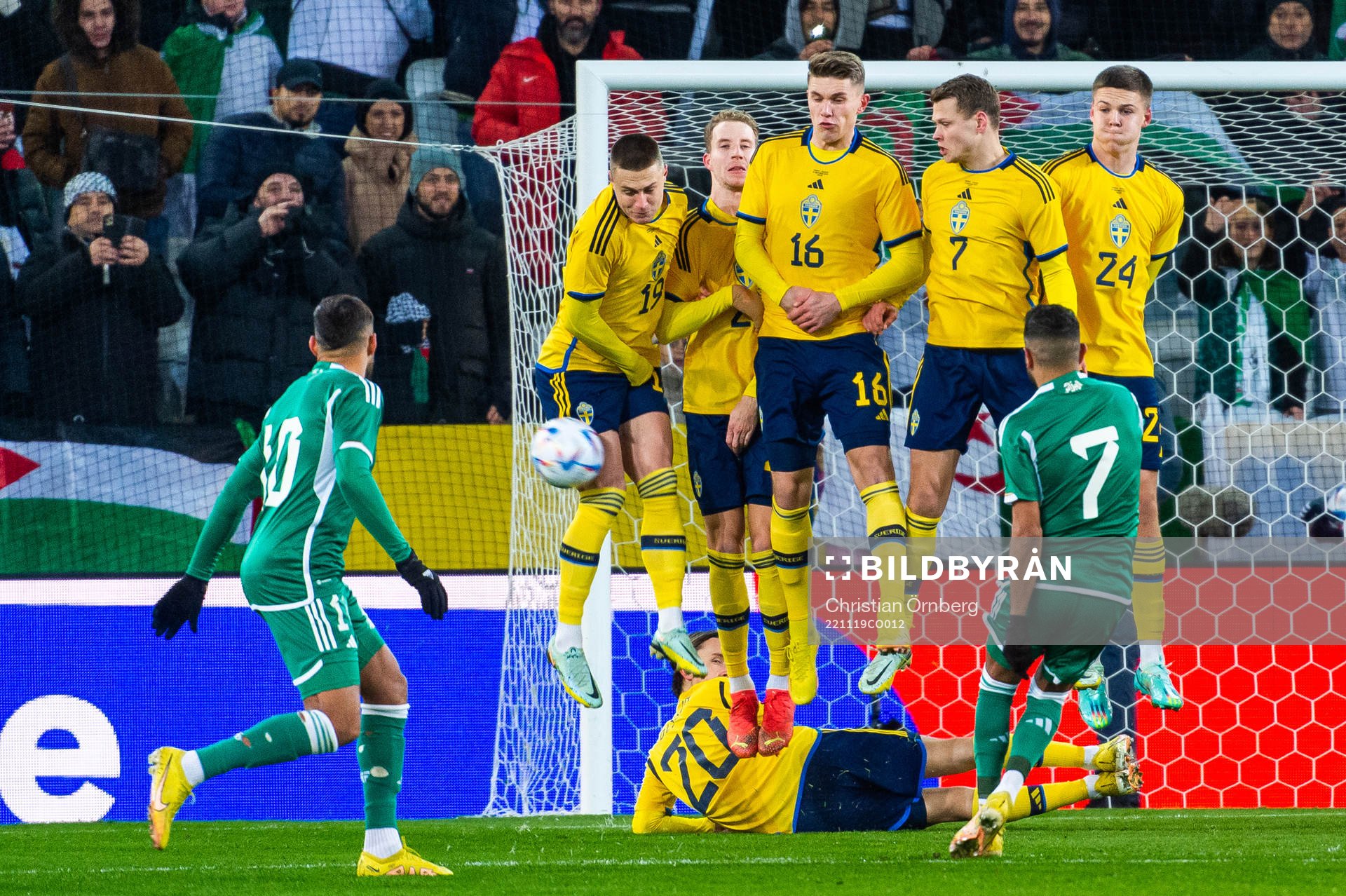 Riyad Mahrez of Algeria with a free kick against Mattias