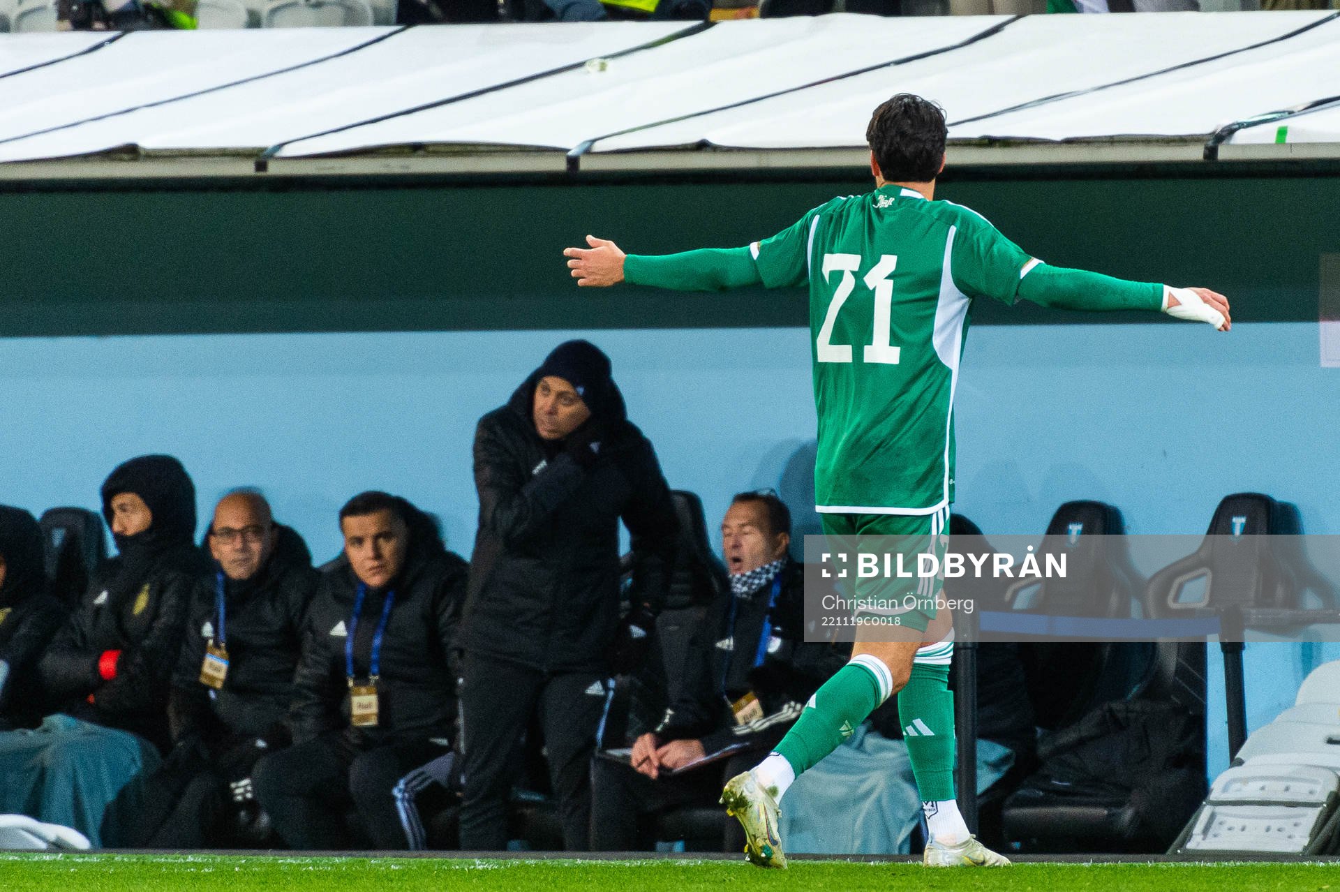 Ramy Bensebaini of Algeria reacts