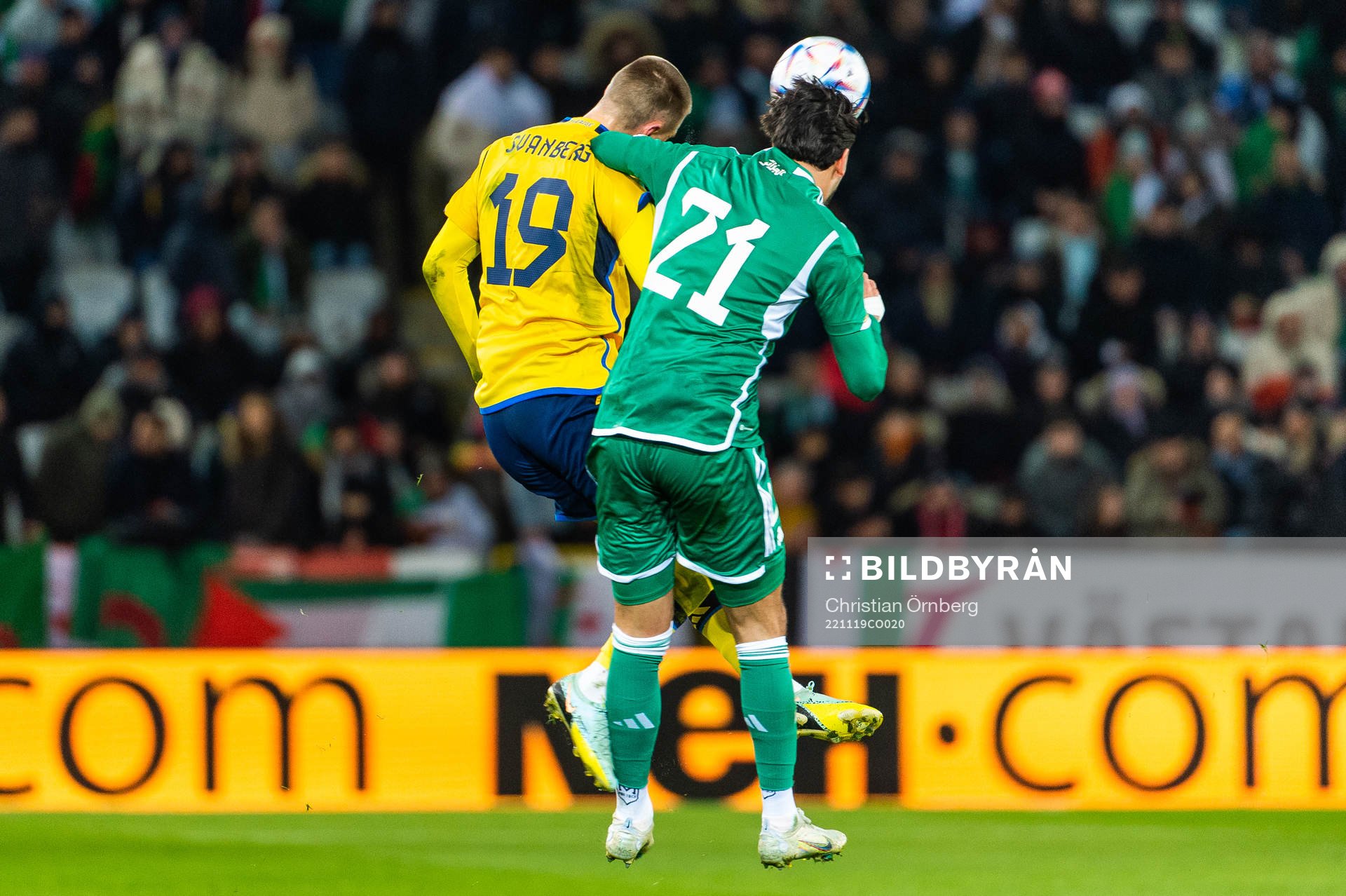 Mattias Svanberg of Sweden and Ramy Bensebaini of Algeria
