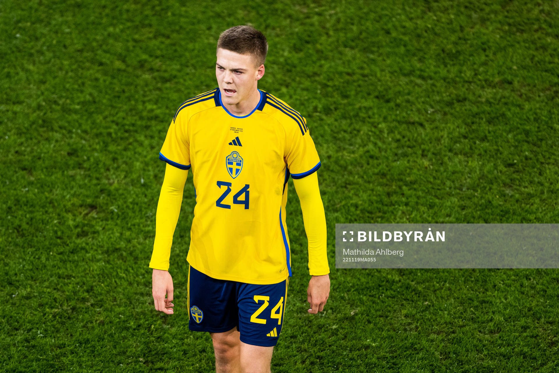 Emil Holm of Sweden leaves the pitch at half time