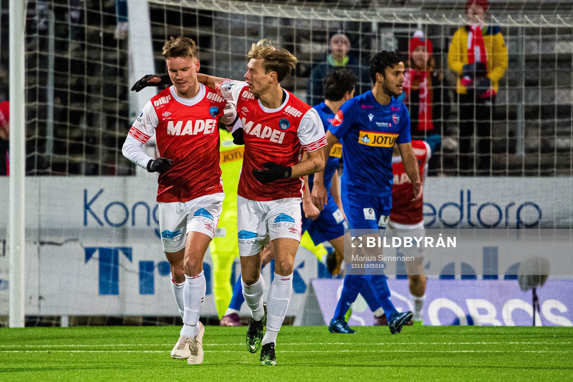 Fredrik Holmé of Kongsvinger celebrates after scoring the 2-1 goal during the Eliteserien playoff football match between Kongsvinger and Sandefjord on November 19, 2022 in Kongsvinger.