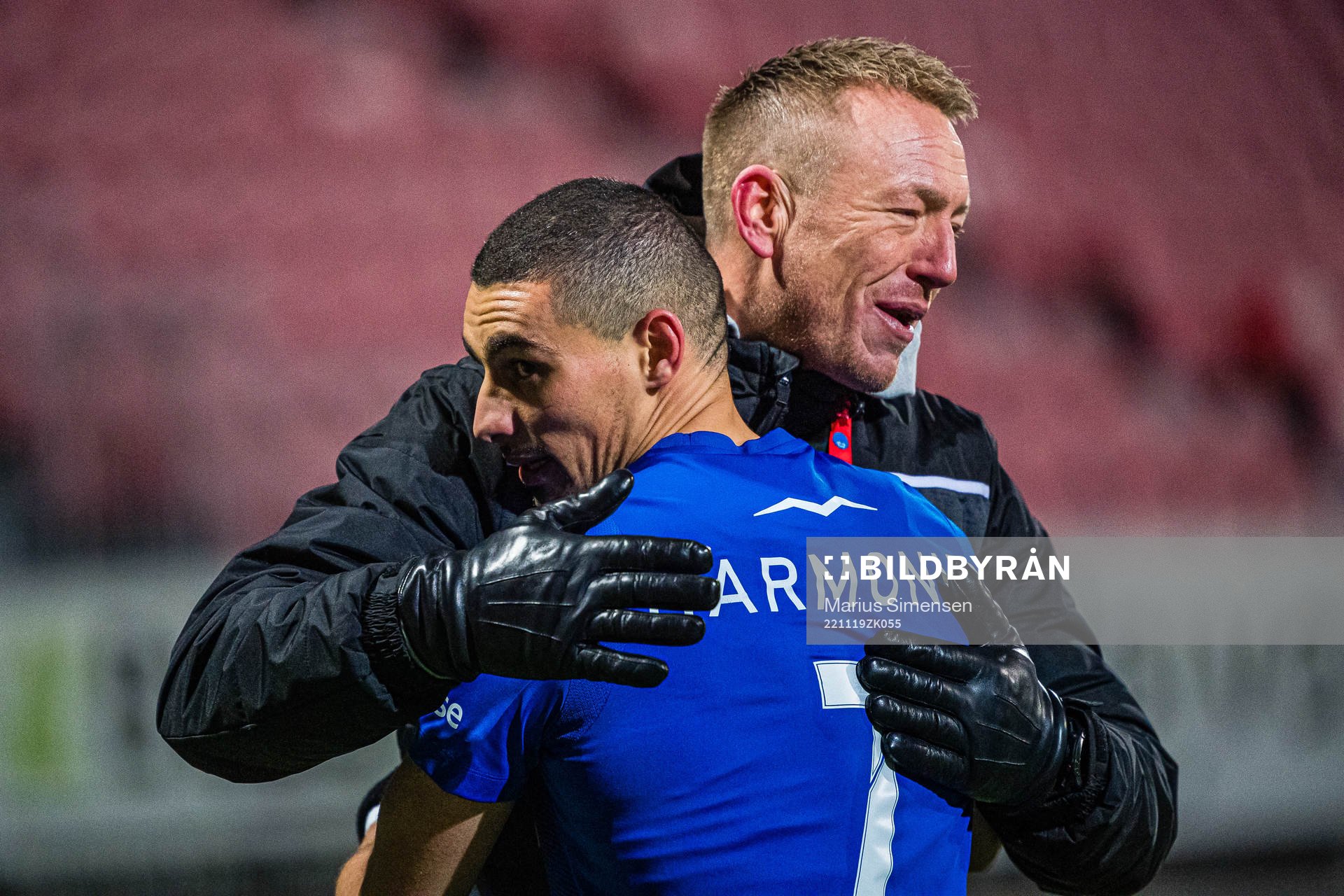 Mohamed Ofkir of Sandefjord celebrates after the Eliteserien playoff football match between Kongsvinger and Sandefjord on November 19, 2022 in Kongsvinger.