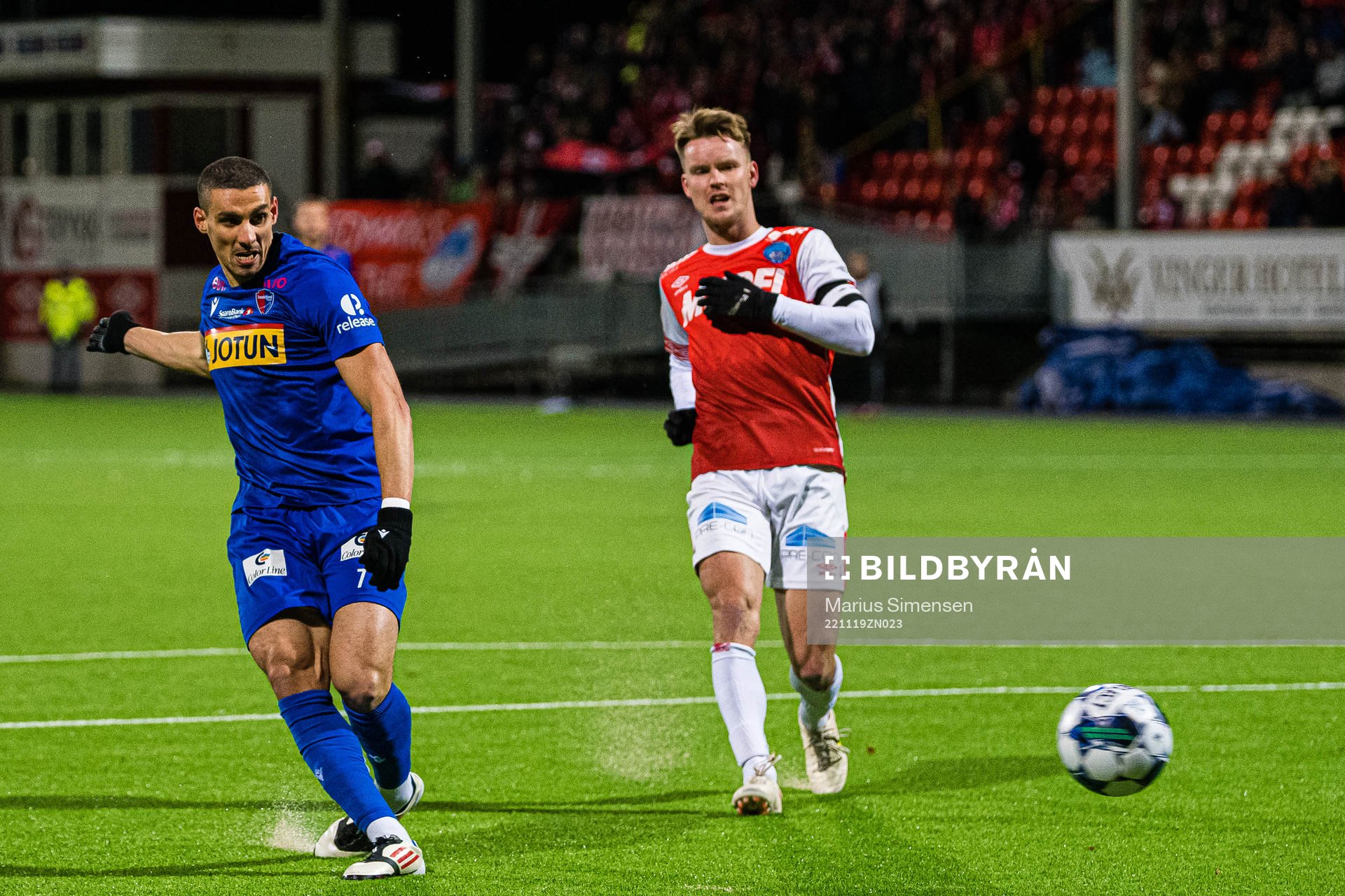 Mohamed Ofkir of Sandefjord during the Eliteserien playoff football match between Kongsvinger and Sandefjord on November 19, 2022 in Kongsvinger.