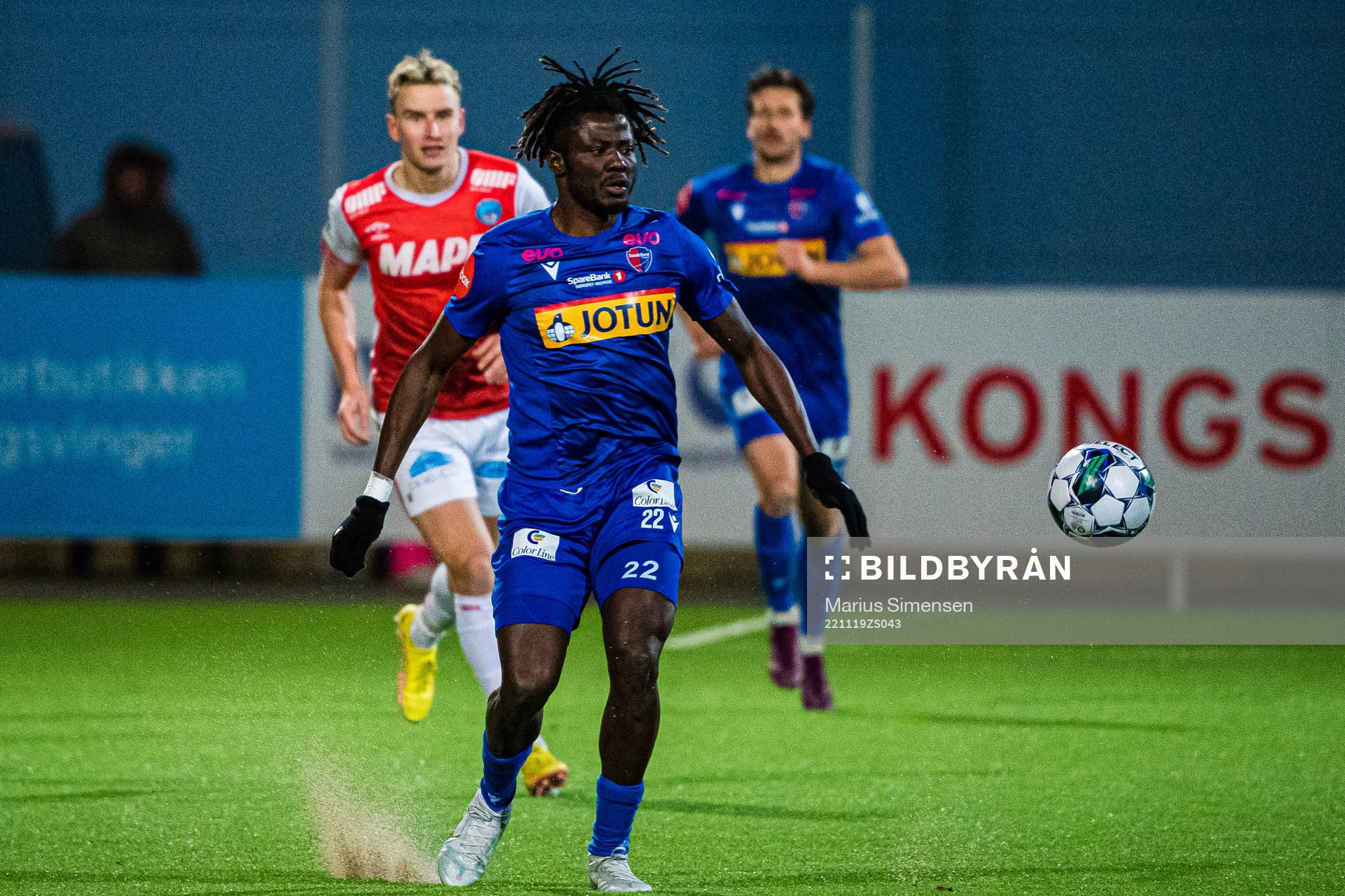 Frederico Bicoro Akieme Nchama of Sandefjord during the Eliteserien playoff football match between Kongsvinger and Sandefjord on November 19, 2022 in Kongsvinger.