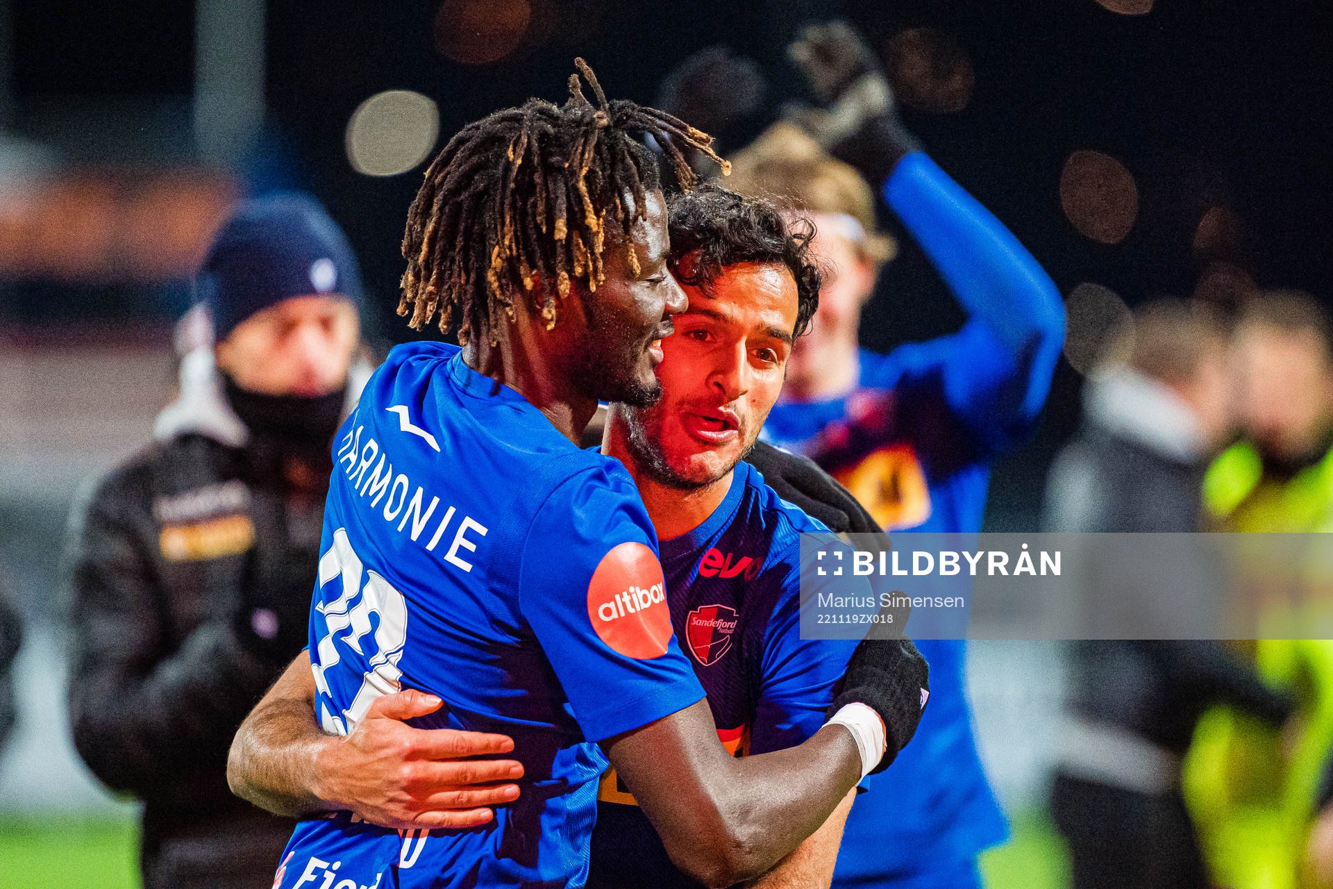 Frederico Bicoro Akieme Nchama and Harmeet Singh of Sandefjord the Eliteserien playoff football match between Kongsvinger and Sandefjord on November 19, 2022 in Kongsvinger.