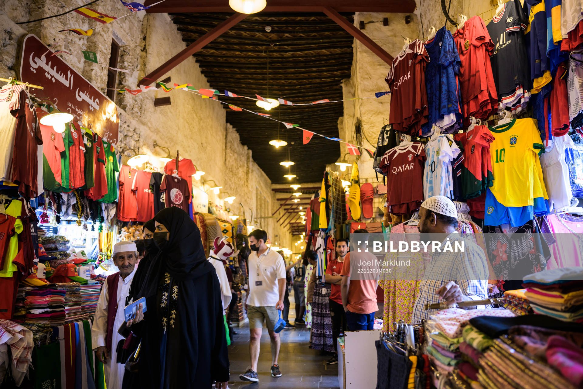 National team jerseys and scarfs at Souq Waqif during day 1 of the FIFA World Cup 2022 on November 20, 2022 in Doha. 