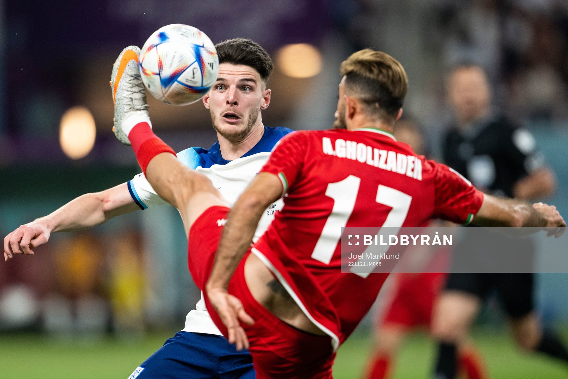 Declan Rice of England and Ali Gholizadeh of Iran during the FIFA World Cup 2022 football match between England and Iran on November 21, 2022 in Doha.