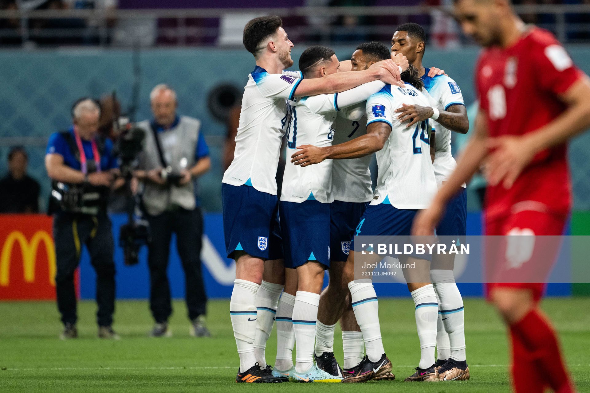 Players of England celebrate 6-1 by Jack Grealish during the FIFA World Cup 2022 football match between England and Iran on November 21, 2022 in Doha.