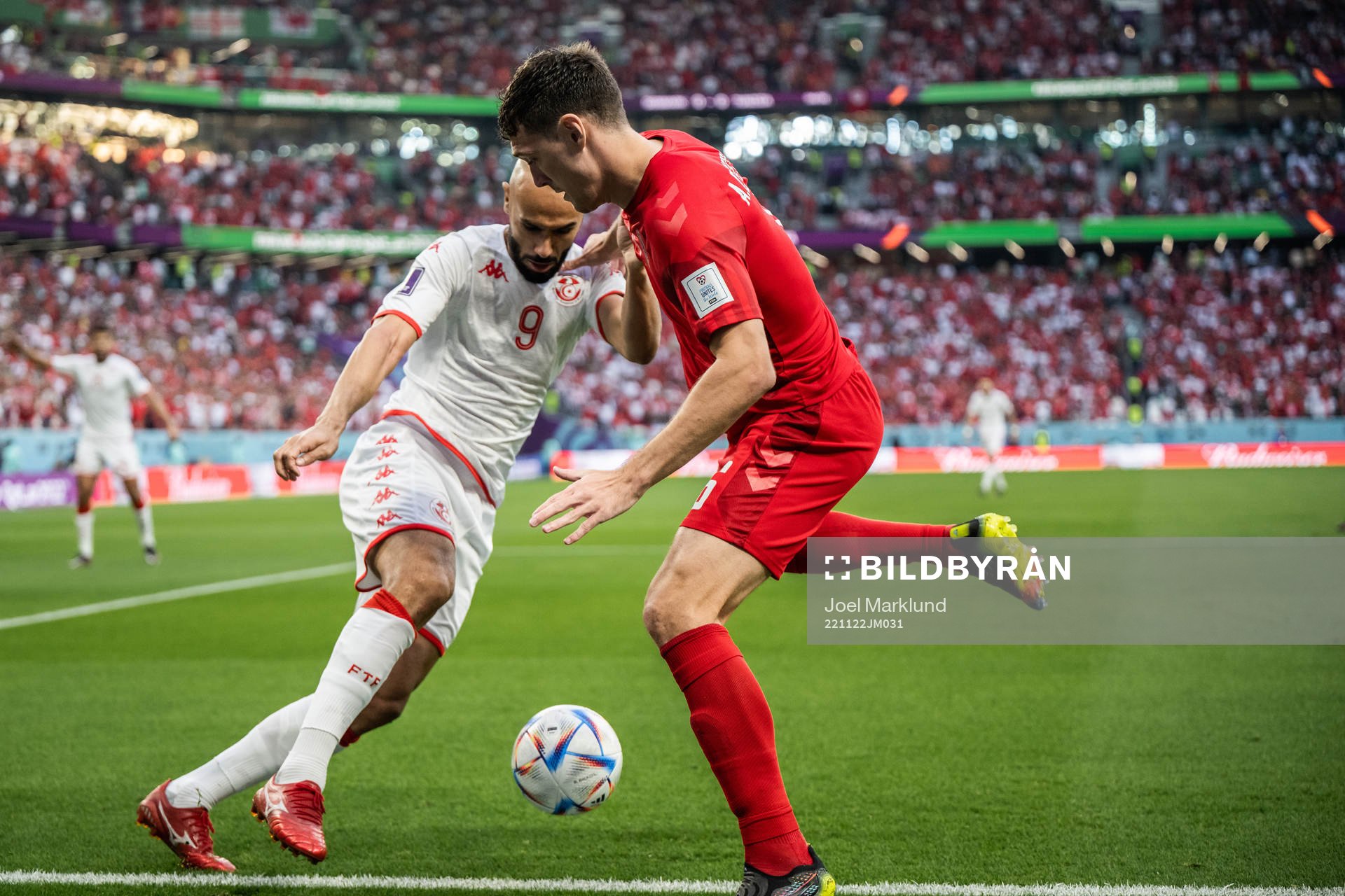 Issam Jebali of Tunisia and Andreas Christensen of Denmark during the FIFA World Cup 2022 football match between Denmark and Tunisia on November 22, 2022 in Doha.